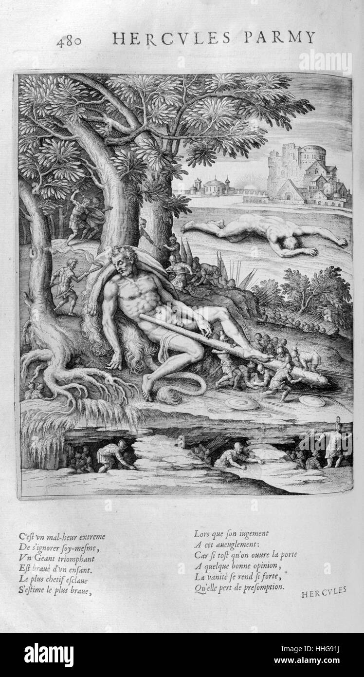 Secondo la mitologia greca, Pigmei una volta incontrato Heracles e arrampicarsi su tutti i sleeping hero ha tentato di legare giù lui, ma quando egli si alzò in piedi essi caddero. La storia è stata adattata da Jonathan Swift come un modello per Lilliputians. Piastra da Les Images Ou tableaux de Platte Peinture Des Deux Philostrates Sophistes Grecs, da Blaise de Vigenère, Parigi, 1615. Incisione di circa 1615, da Leonard Gaultier. Gaultier, o Galter, era un incisore francese, nato a Magonza circa 1561 e morì a Parigi nel 1641. Foto Stock