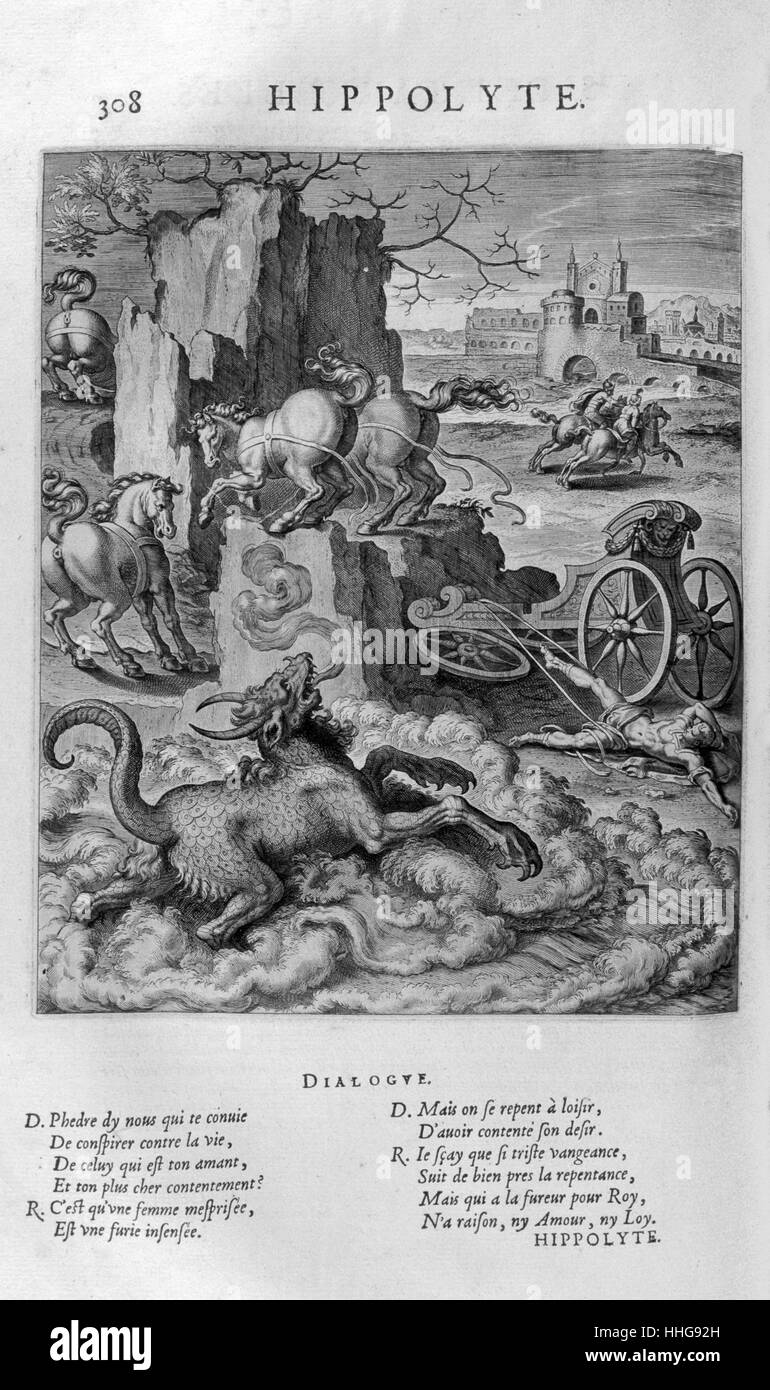 Ippolito (l'antica tragedia greca di Euripide), basato sul mito di Ippolito, figlio di Teseo. Piastra da Les Images Ou tableaux de Platte Peinture Des Deux Philostrates Sophistes Grecs, da Blaise de Vigenère, Parigi, 1615. Incisione di circa 1615, da Leonard Gaultier. Gaultier, o Galter, era un incisore francese, nato a Magonza circa 1561 e morì a Parigi nel 1641. come Ippolito ha ottenuto nel suo carro per lasciare il regno, un toro ruggito fuori del mare, spaventoso i suoi cavalli, tratteggiata che il suo carro tra le rocce, trascinando Ippolito dietro Foto Stock