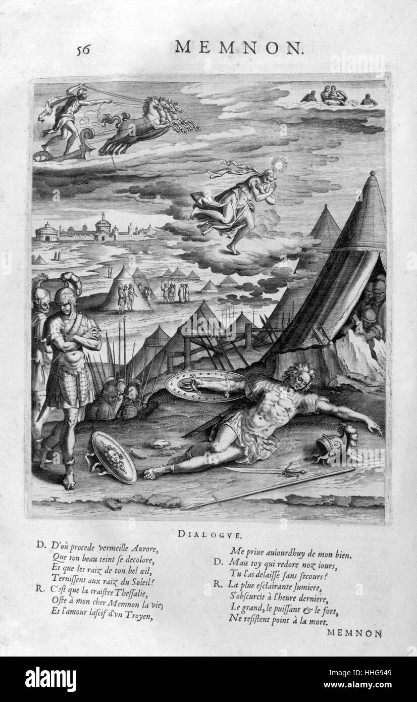 Memnone. Piastra da Les Images Ou tableaux de Platte Peinture Des Deux Philostrates Sophistes Grecs, da Blaise de Vigenère, Parigi, 1615. Incisione di circa 1615, da Leonard Gaultier. Gaultier, o Galter, era un incisore francese, nato a Magonza circa 1561 e morì a Parigi nel 1641. Nella mitologia greca, Memnon (mitologia) un re che ha portato un esercito che ha combattuto sul lato dei troiani nella guerra di Troia. Foto Stock