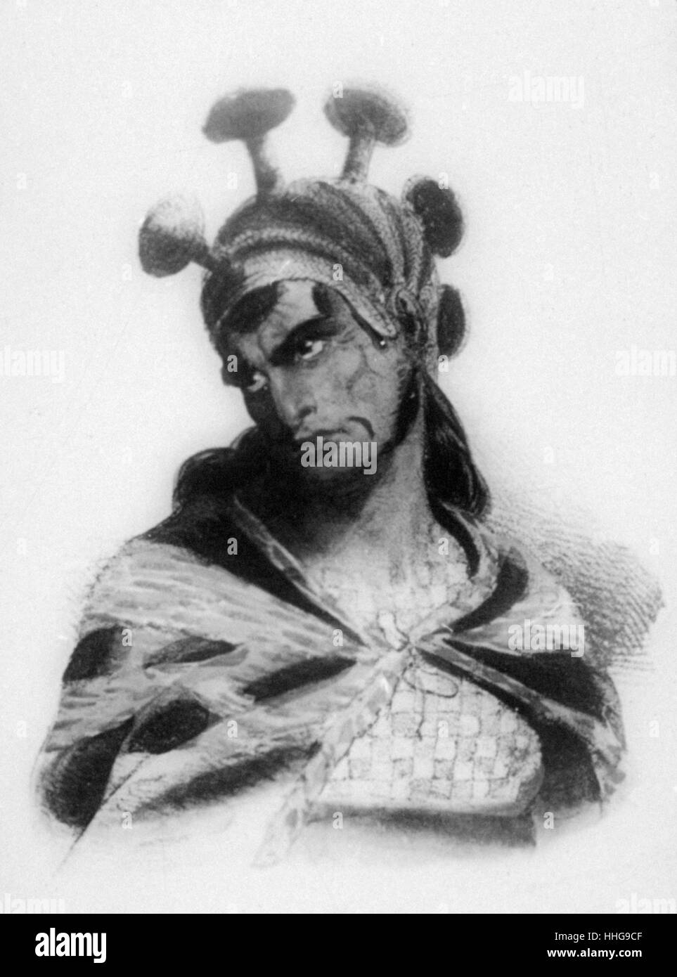 Xix secolo illustrazione che mostra il guerriero Hawaiano con feathered copricapo circa 1840 Foto Stock