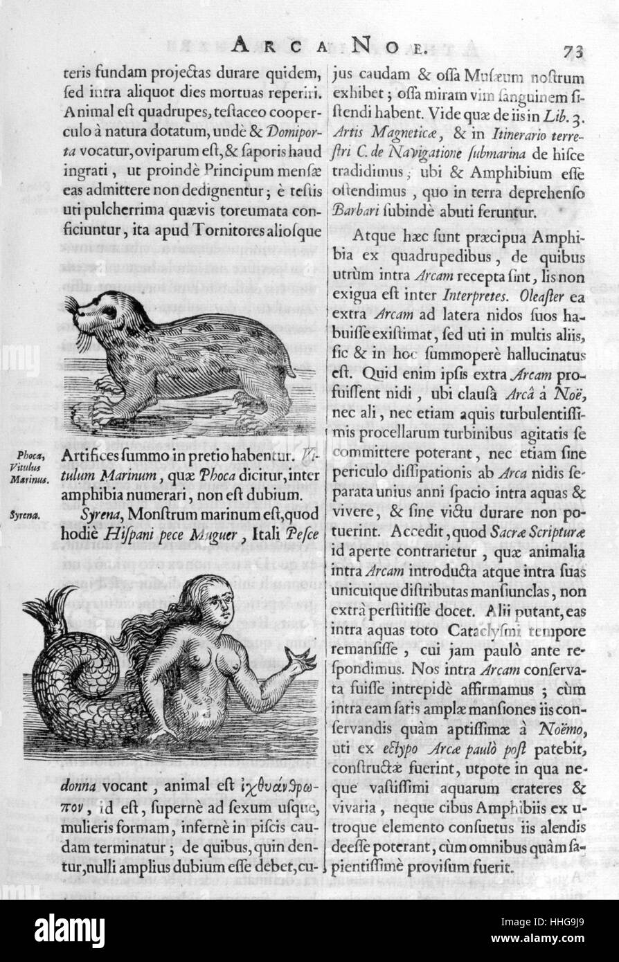 Bestie mitiche, da arca Noe, edificio (l'arca), da Athanasius Kircher (1602-1680). Pubblicato Amsterdam 1675. Athanasius Kircher, gesuita, fu un polymath e gesuita. L'Arca Noë era basato sulla rigorosa ortodossia cattolica. In essa egli descrive la condizione del mondo prima e dopo la grande alluvione, liricamente riguarda le azioni di Noè, e va per grandi lunghezze per raffigurare l'arca stessa. Foto Stock