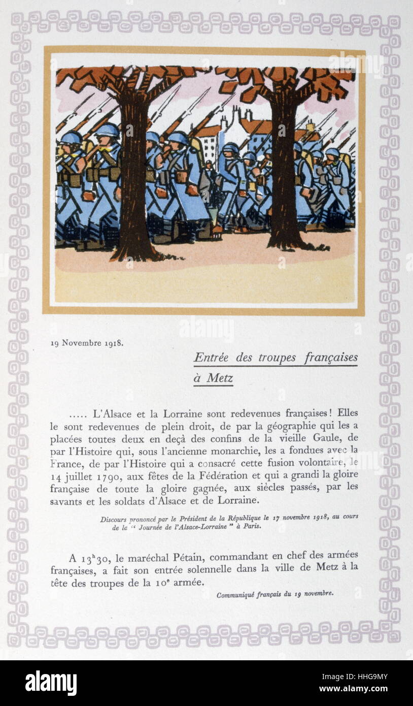 Soldati francesi immettere Metz, 1918. La Prima guerra mondiale. Illustrazione di Andre Helle, pseudonimo di Andre Laclotre, pittore francese e decorativi, artista, illustratore, 1871 - 1945 Foto Stock