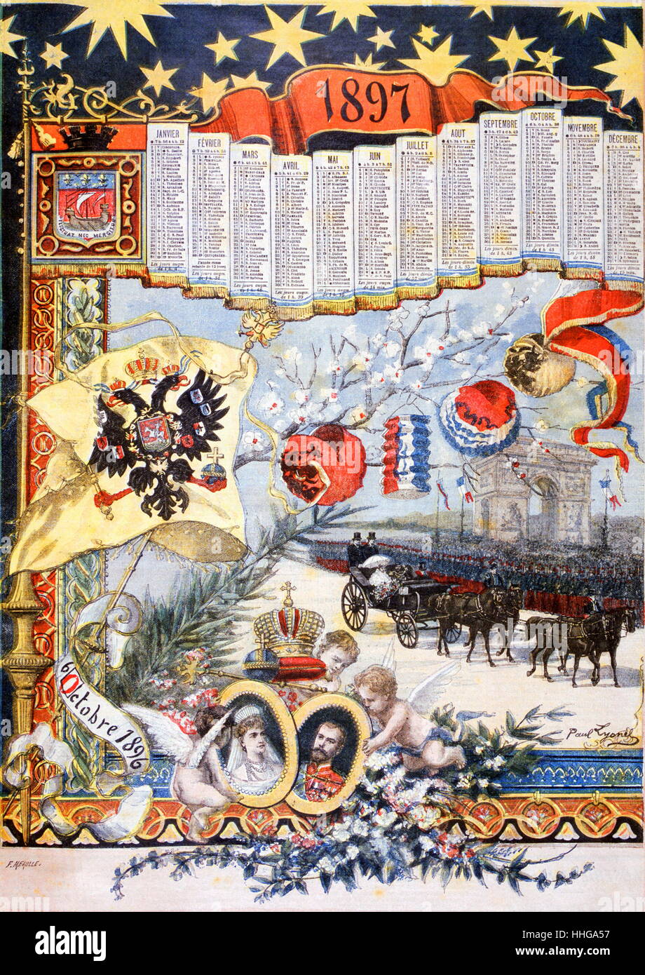 Illustrazione del coperchio per un almanacco francese celebra la visita a Parigi del Tsar Nicholas II e Alexander imperatrice di Russia 1897 Foto Stock