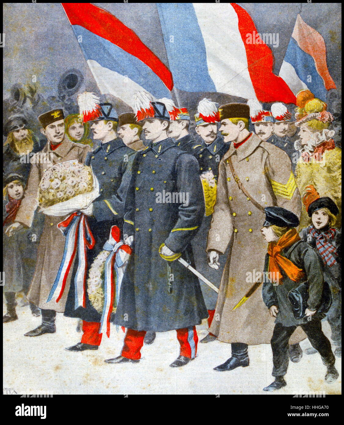 I funzionari di St Cyr accademia militare in Francia stabilisce ghirlande per ricordare caduti. 1899 Foto Stock