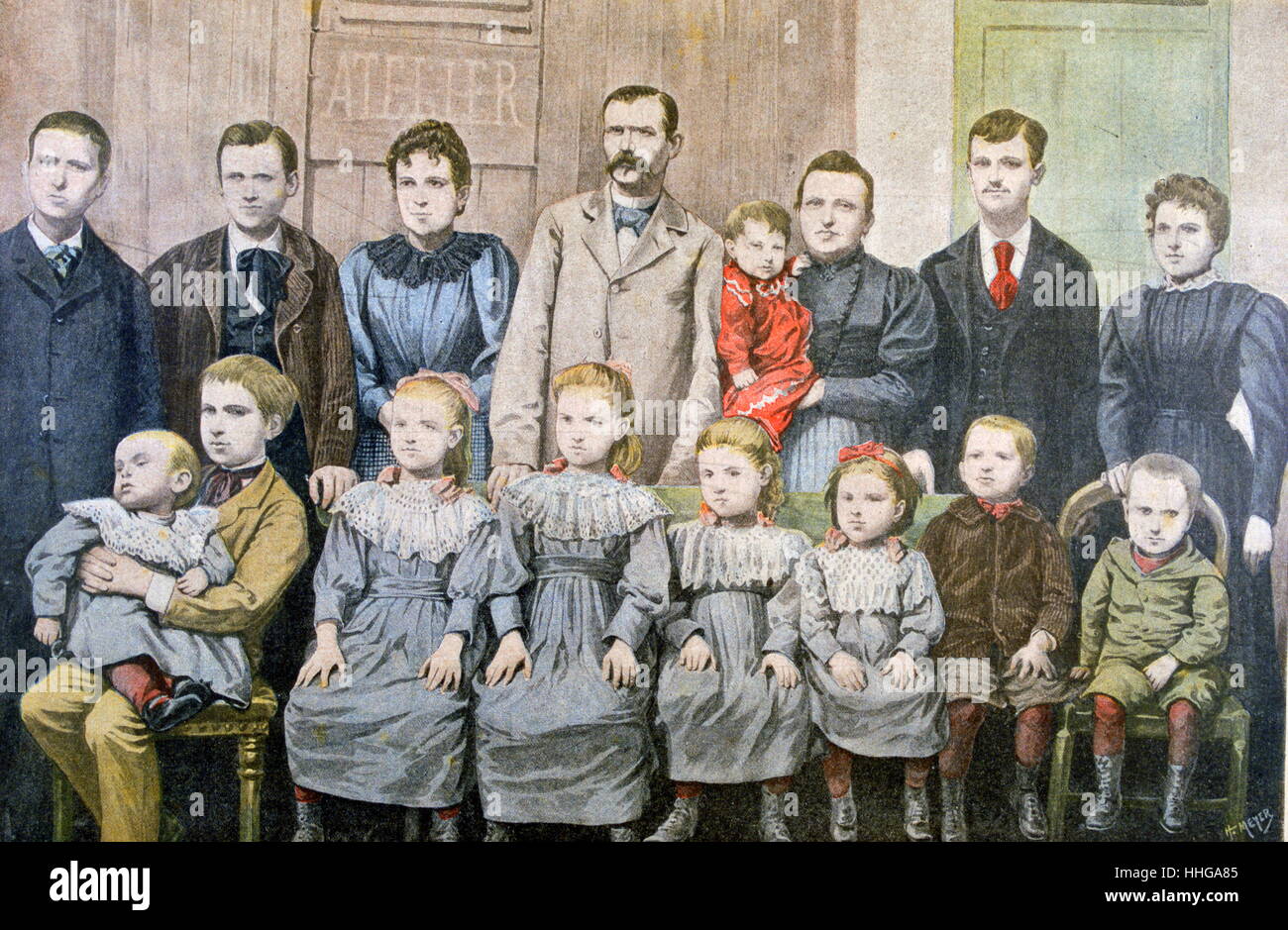 Illustrazione di una famiglia francese con 14 bambini 1899 Foto Stock