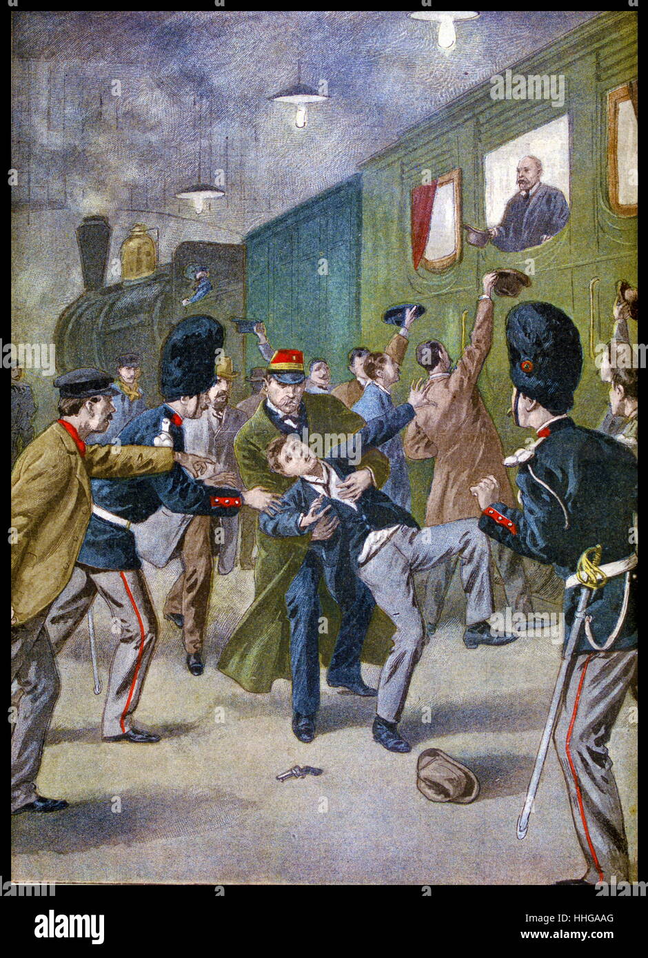 Tentativo di assassinio contro il principe del Galles. A quindici anni anarchico belga denominato Jean-Baptiste Sipido ha tentato di sparare il futuro re Edoardo VII che era a bordo di un treno per Colonia alla stazione Brussels-Noord. Attentat contre le Prince de Galles. Illustrazione per Le Petit Journal, 22 aprile 1900. Foto Stock