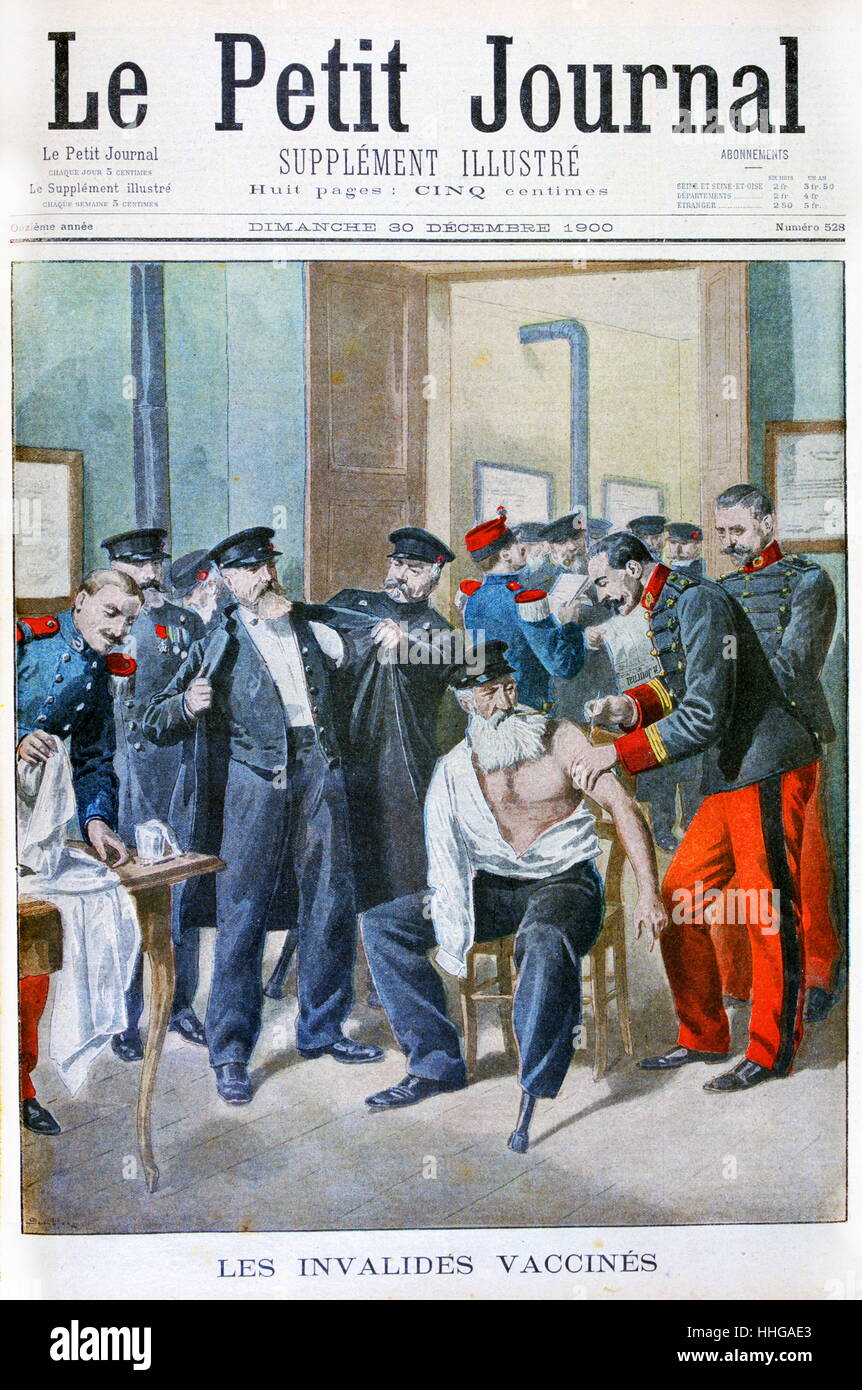 Illustrazione che mostra la vaccinazione di soldati e di servizio pubblico e dei lavoratori contro la varicella (variole) malattia, in Francia 1900 Foto Stock