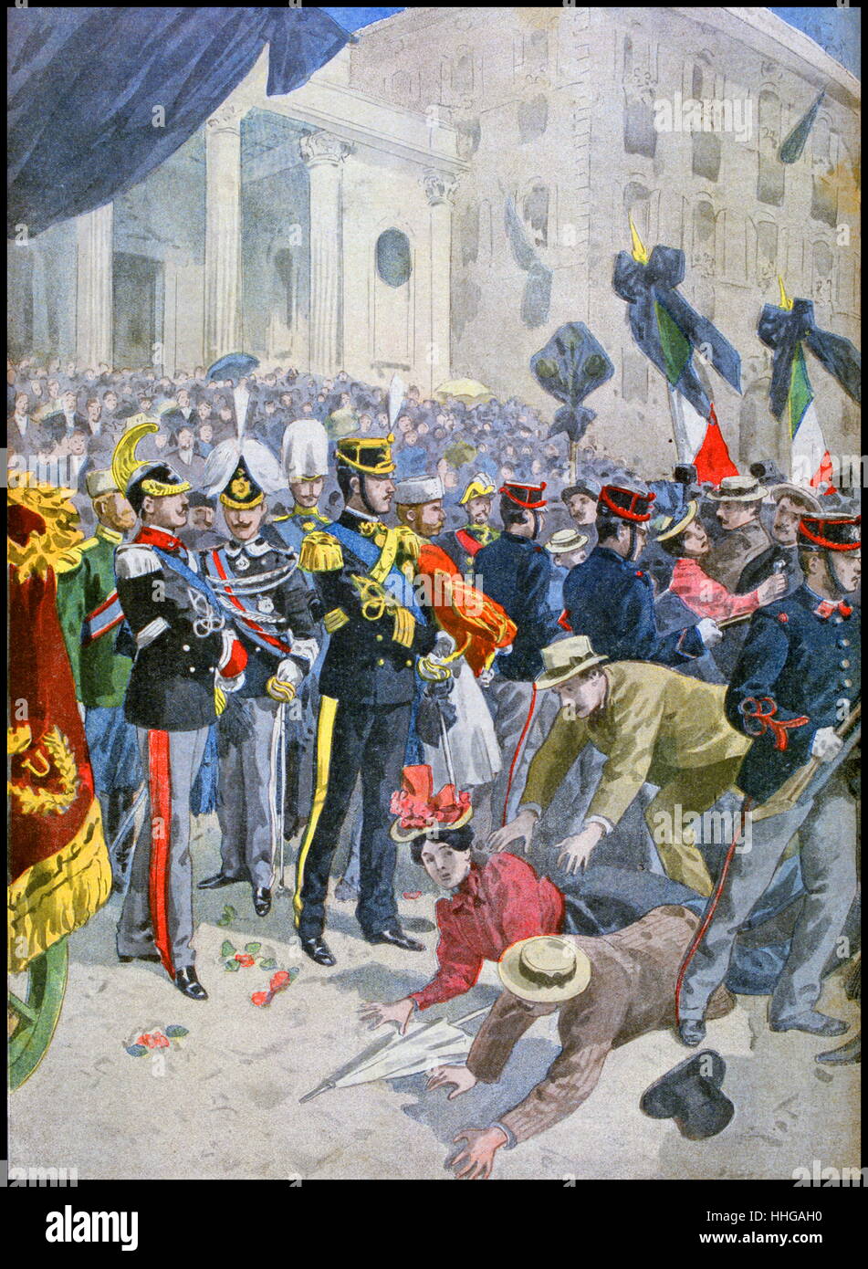 Illustrazione che mostra ta stampede a causa di panico al funerale in Roma, del re Umberto I d'Italia. Umberto I (1844 - 29 luglio 1900), soprannominato il buon, era il re dell'Italia dal 9 gennaio 1878 fino al suo assassinio il 29 luglio 1900. Foto Stock