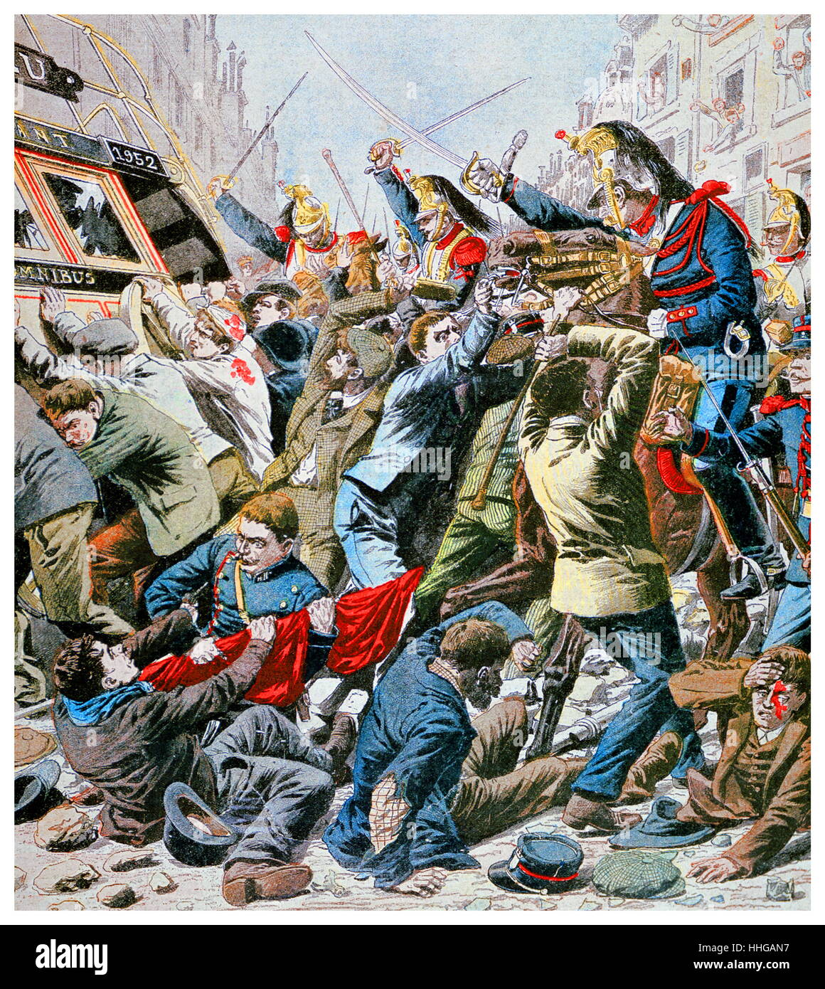 Carica di cavalleria manifestanti durante disordini a Parigi il giorno di maggio. Illustrazione per Le Petit Journal, 13 maggio 1906. Foto Stock