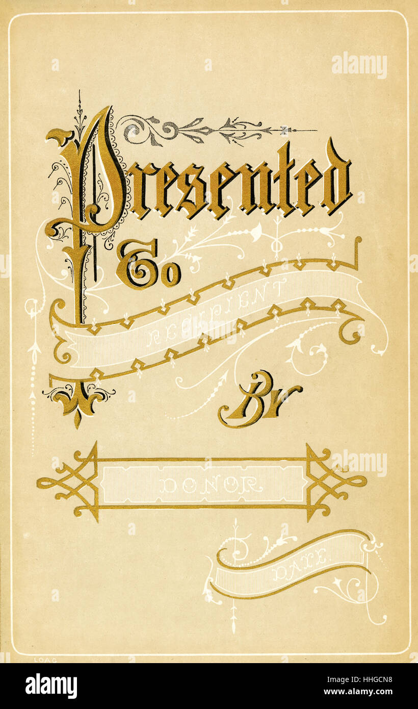 Antique c1890 presentazione certificato da un libro in stile vittoriano. Fonte: incisione originale. Foto Stock