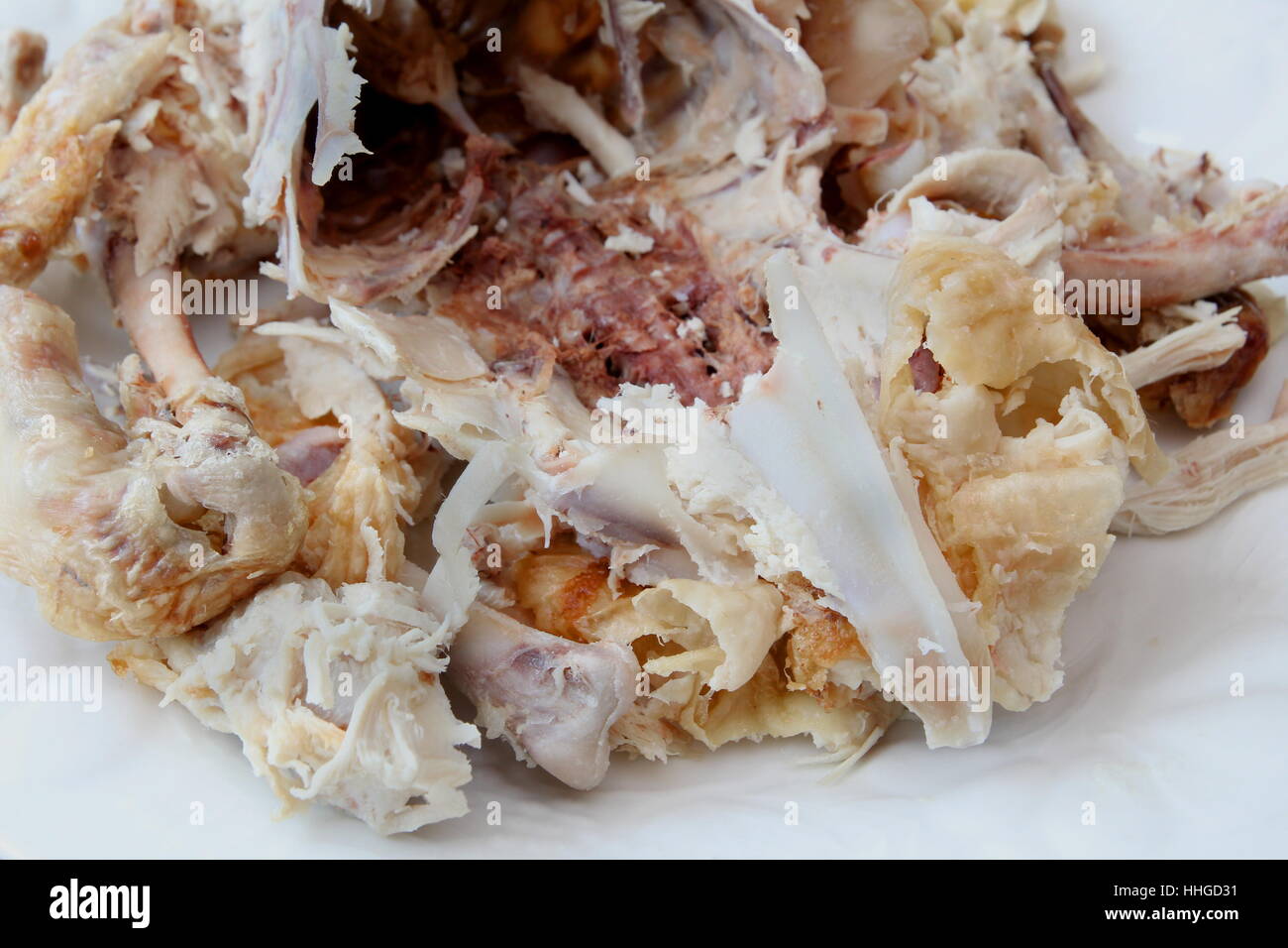 Pollo arrosto carcassa rimane su una piastra bianca Foto Stock