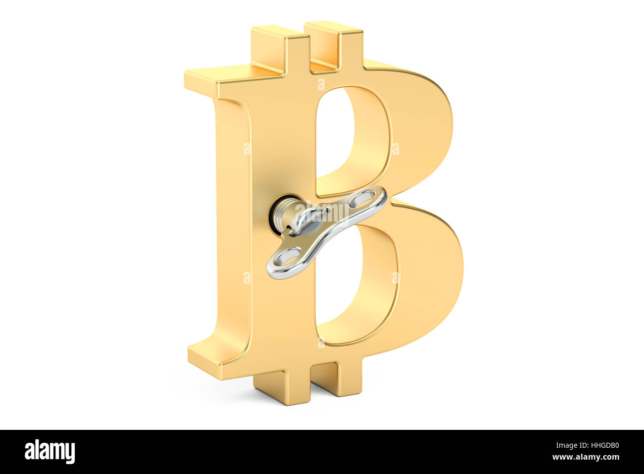 Golden bitcoin simbolo con wind-up chiave, rendering 3D Foto Stock