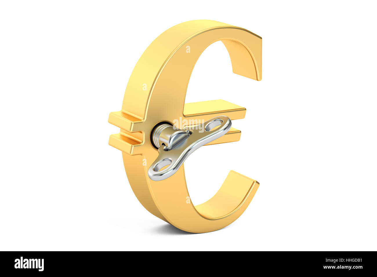 Golden simbolo Euro con wind-up chiave, rendering 3D Foto Stock