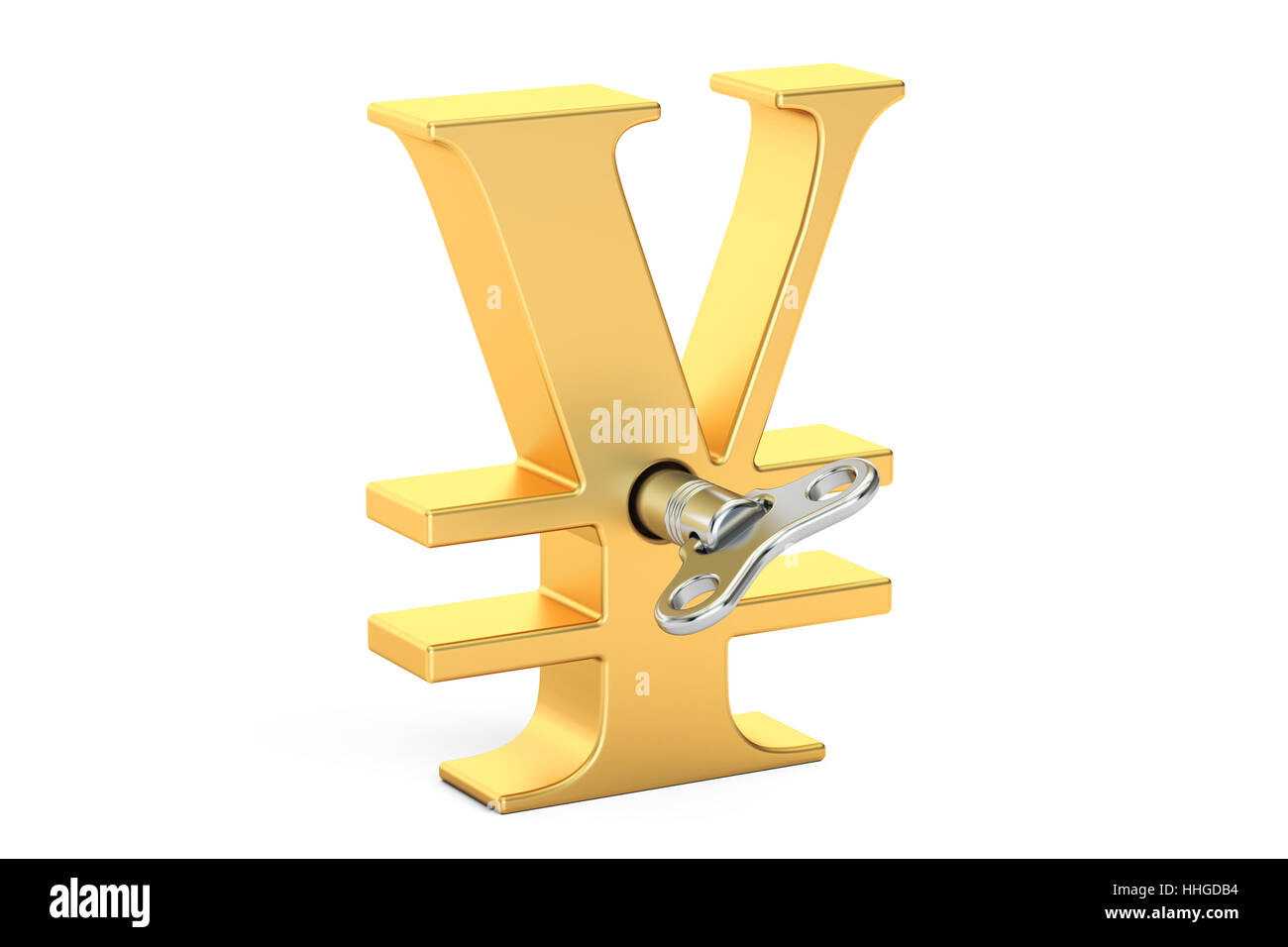 Golden Yen simbolo con wind-up chiave, rendering 3D Foto Stock
