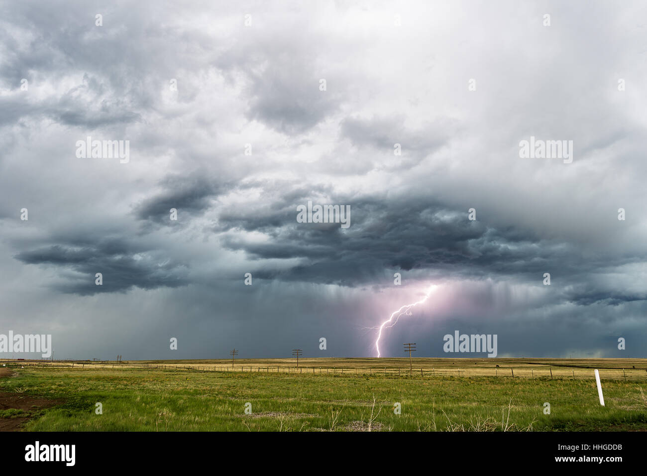 Fulmine sciopero da una tempesta estiva su un campo in New Mexico Foto Stock