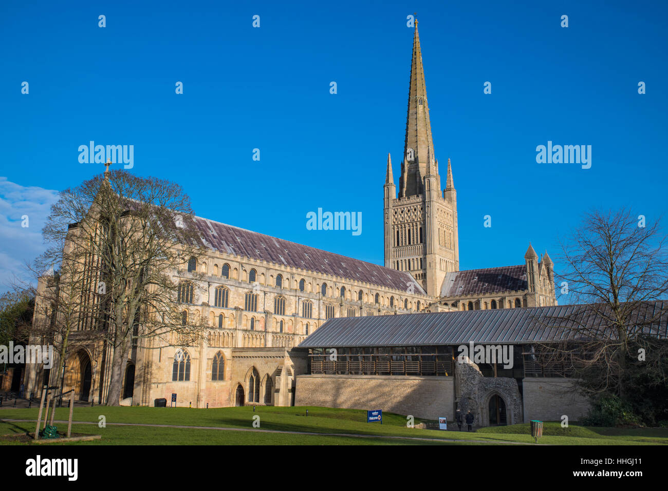 Una vista della magnifica Cattedrale di Norwich nella storica città di Norwich, Regno Unito. Foto Stock