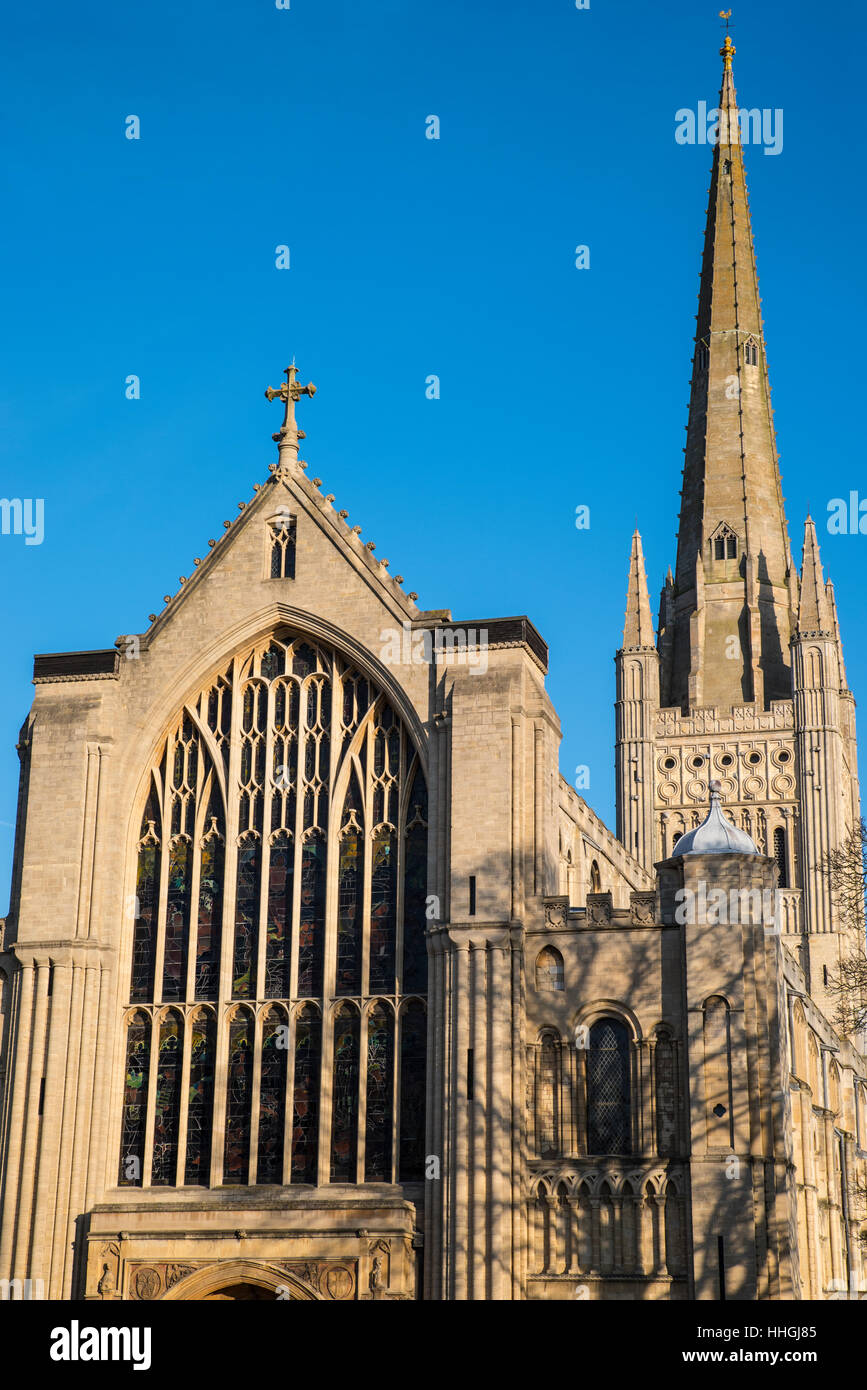 Una vista della magnifica Cattedrale di Norwich nella storica città di Norwich, Regno Unito. Foto Stock