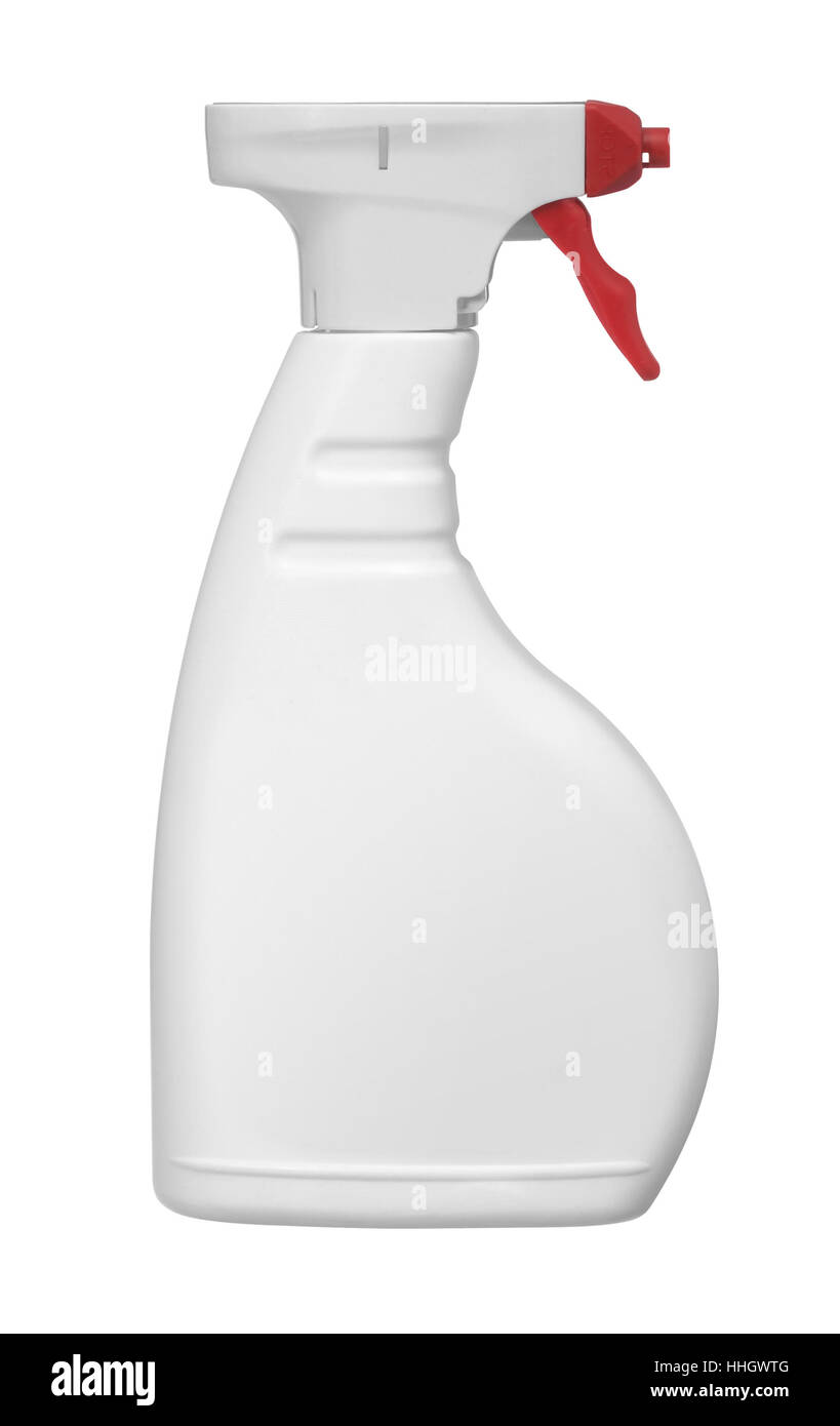 Studio fotografico di un bianco spray Flacone con punta rossa nel retro bianco Foto Stock