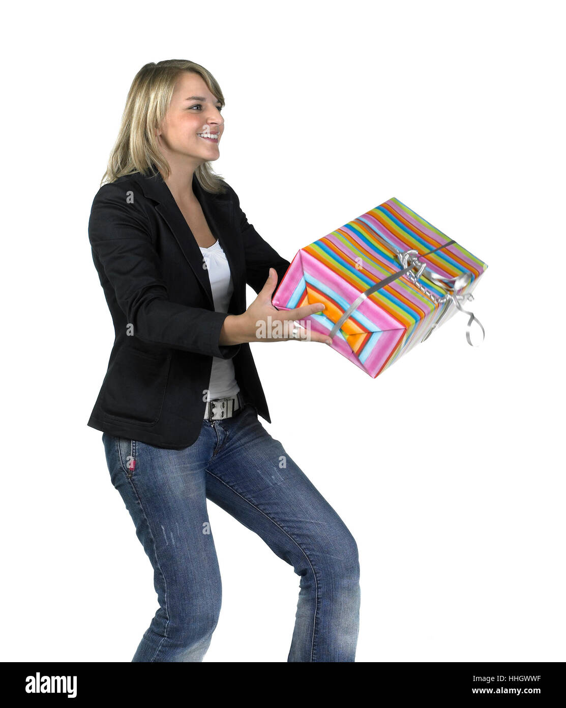 La donna, per sorridere, mantenere, regalo di compleanno, cattura, donna, ridere risate, ridere, Foto Stock