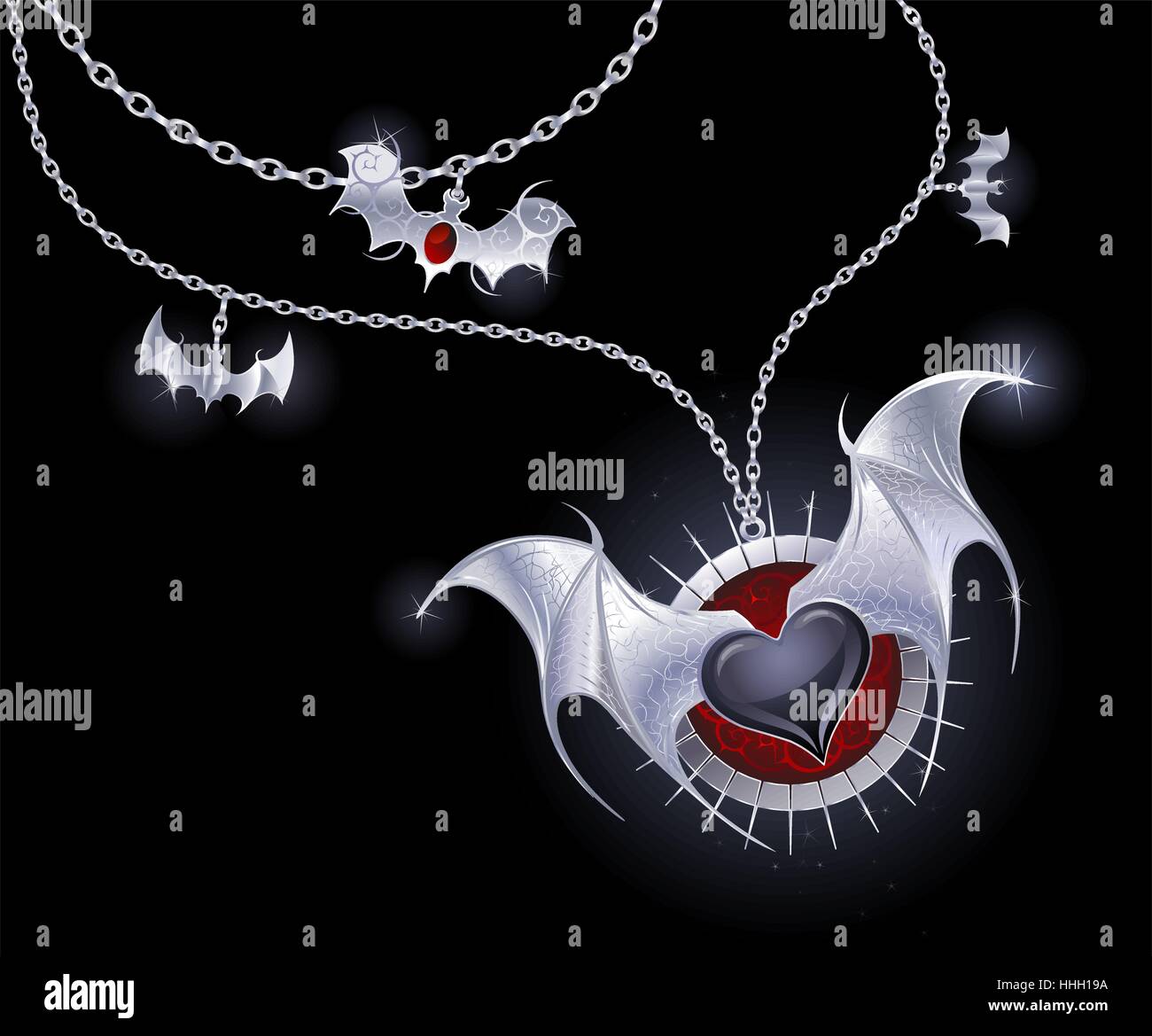 Catena d'argento con un medaglione con un cuore nero con silver wings vampiro. Illustrazione Vettoriale