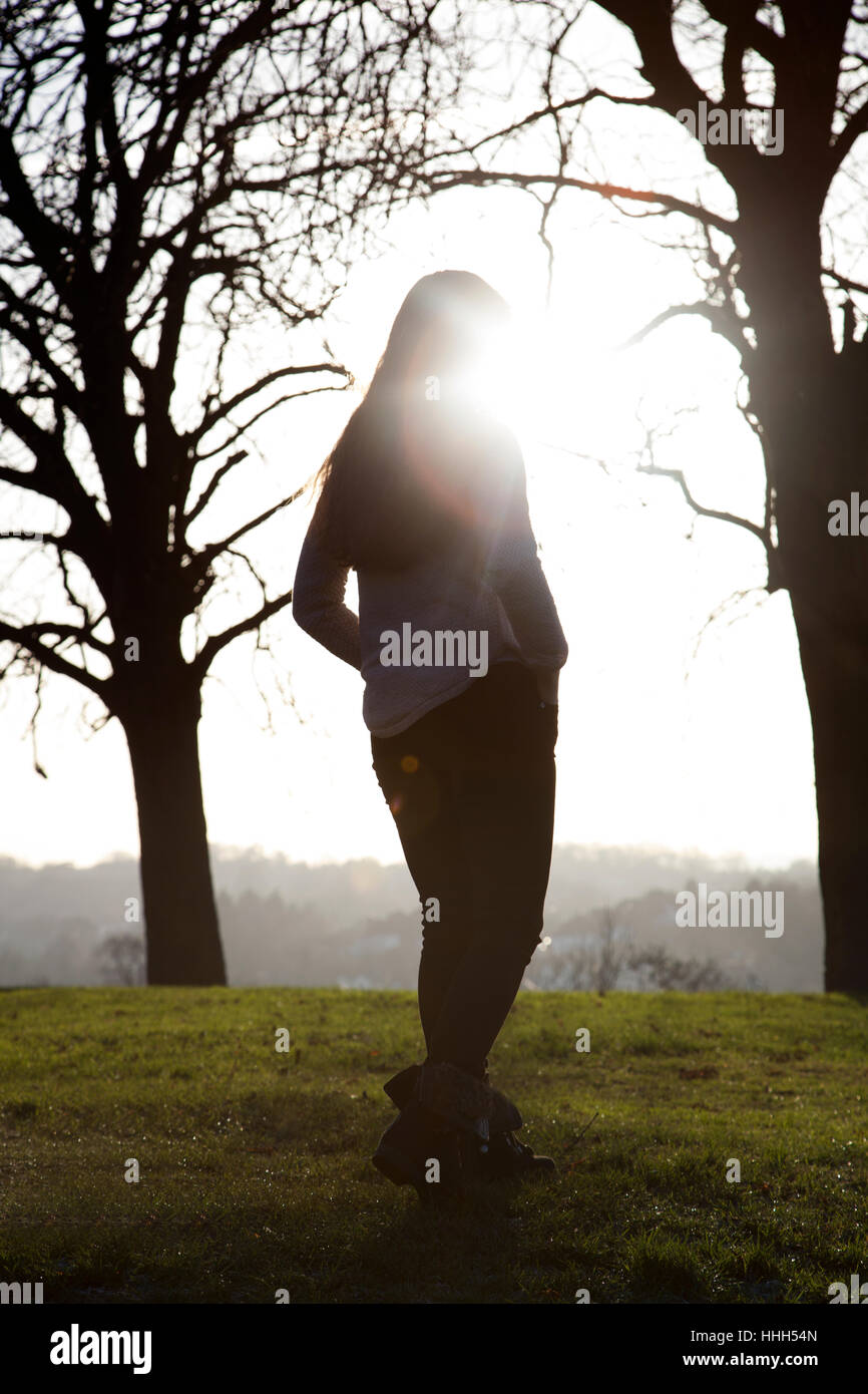 Silhouette di una vista posteriore di un irriconoscibile donna in piedi da solo da un banco in una posizione tranquilla con un cielo alla luce del sole e gli alberi. Foto Stock