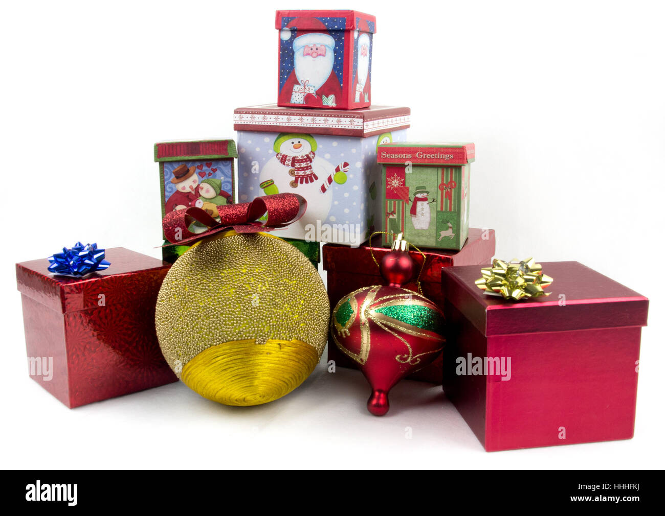 Blu, argento, box, scatole, natale, regali, pupazzo di neve, doni, nastri, prua, Foto Stock