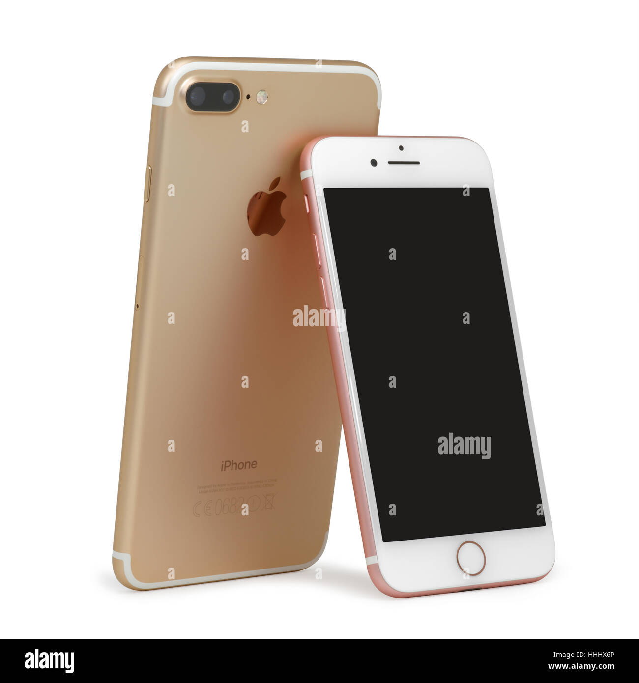 Foto di Golden iPhone 7 Plus e rosa iPhone 7 su sfondo bianco Foto Stock