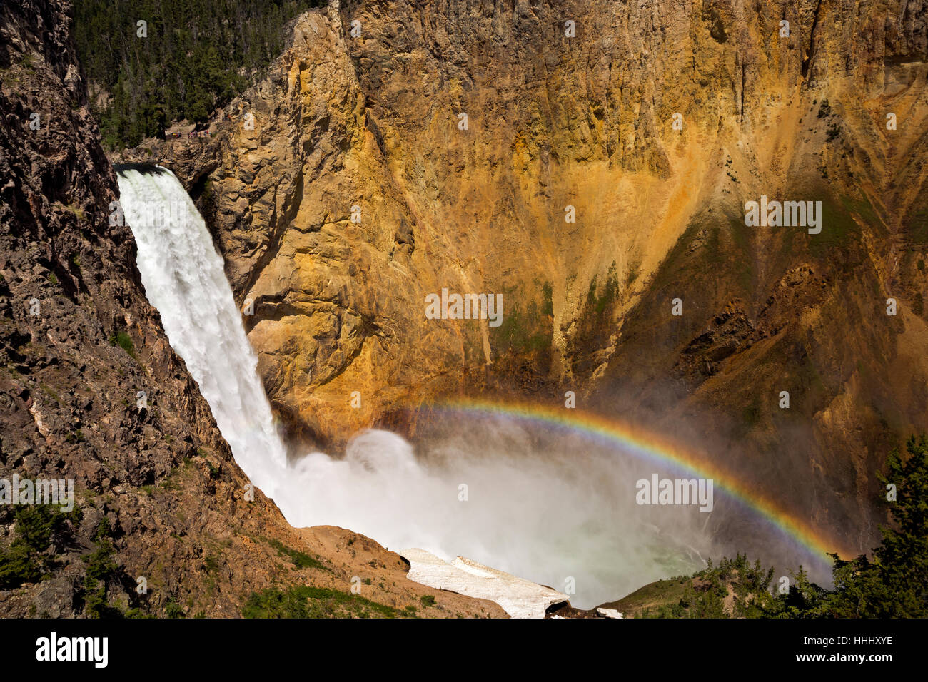 Rainbow alla base delle Cascate Inferiori da Zio Tom's Trail nel Grand Canyon di Yellowstone Fiume; il Parco Nazionale di Yellowstone. Foto Stock