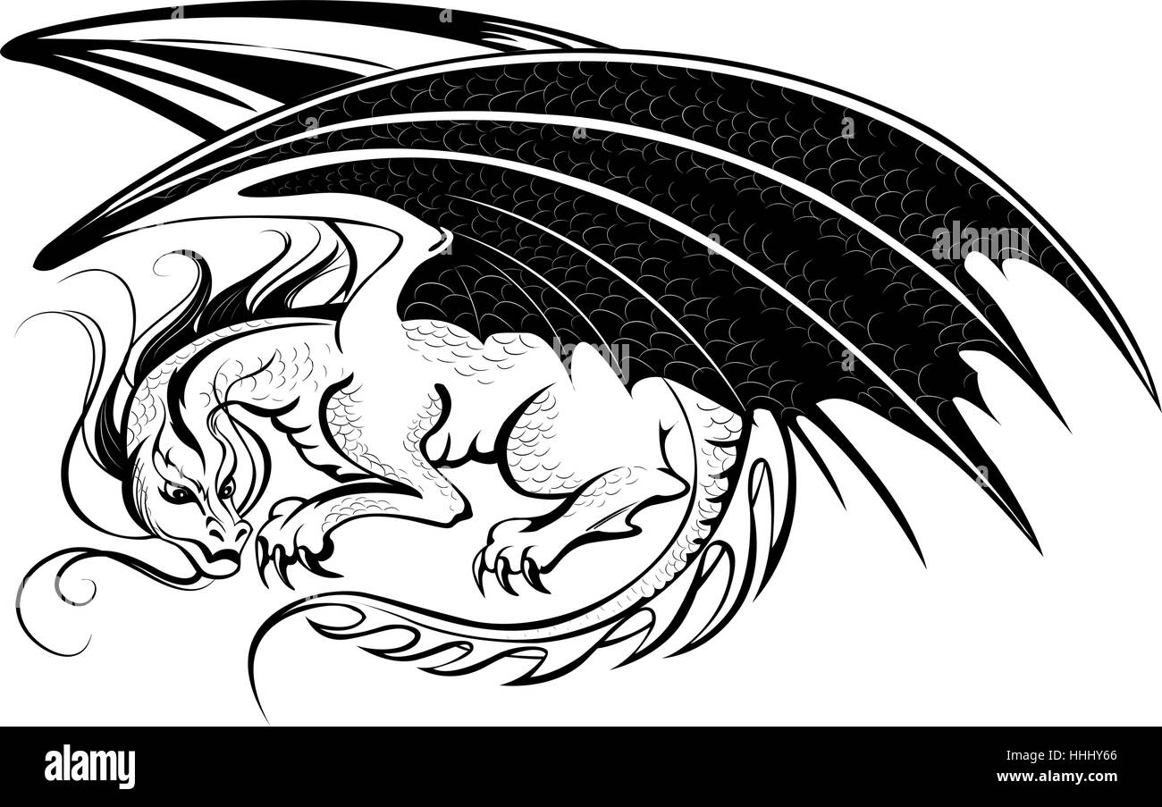 Artisticamente dipinte drago nero su uno sfondo bianco. Illustrazione Vettoriale