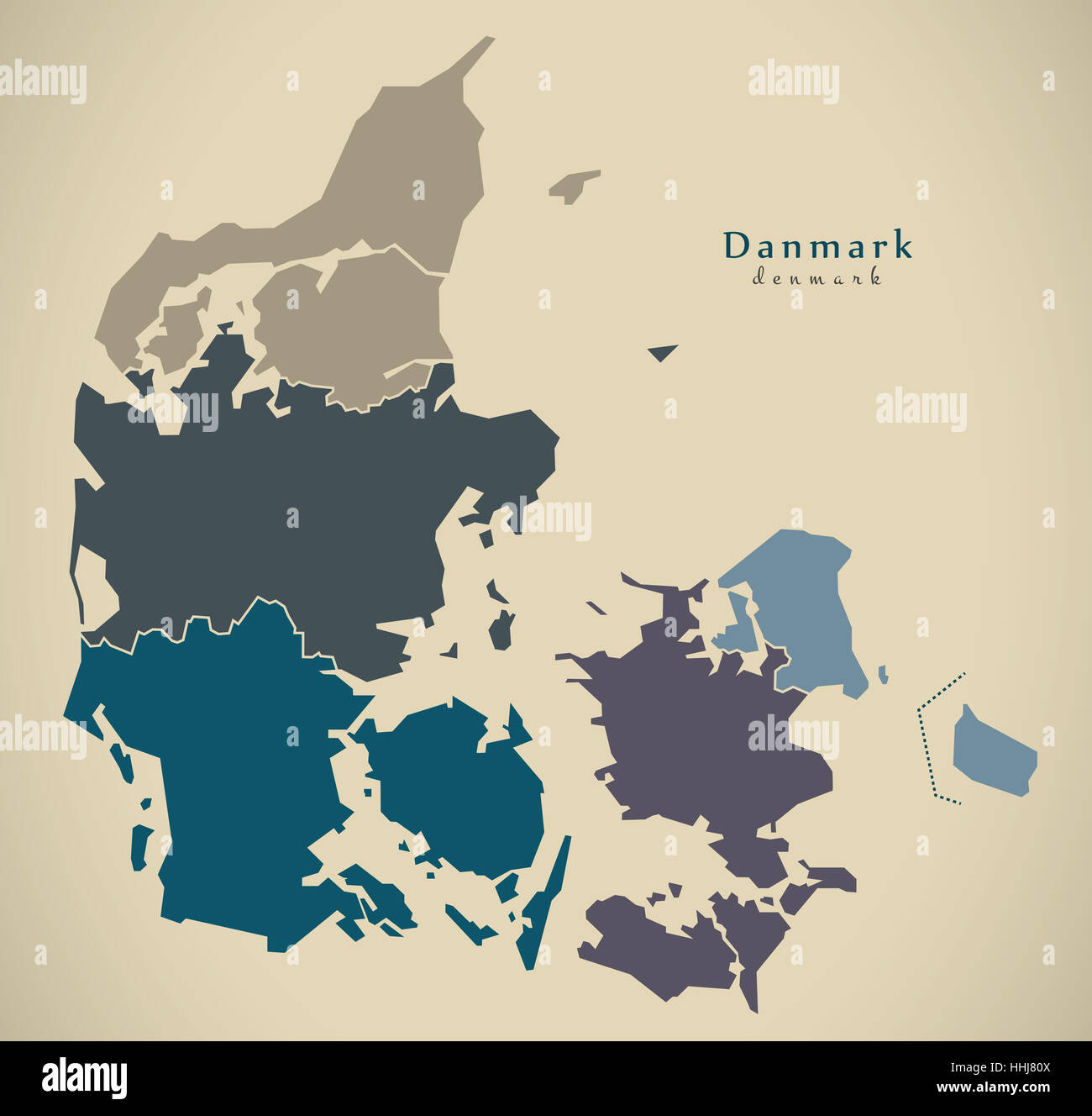 Mappa moderno - Danimarca con regioni DK illustrazione Foto Stock