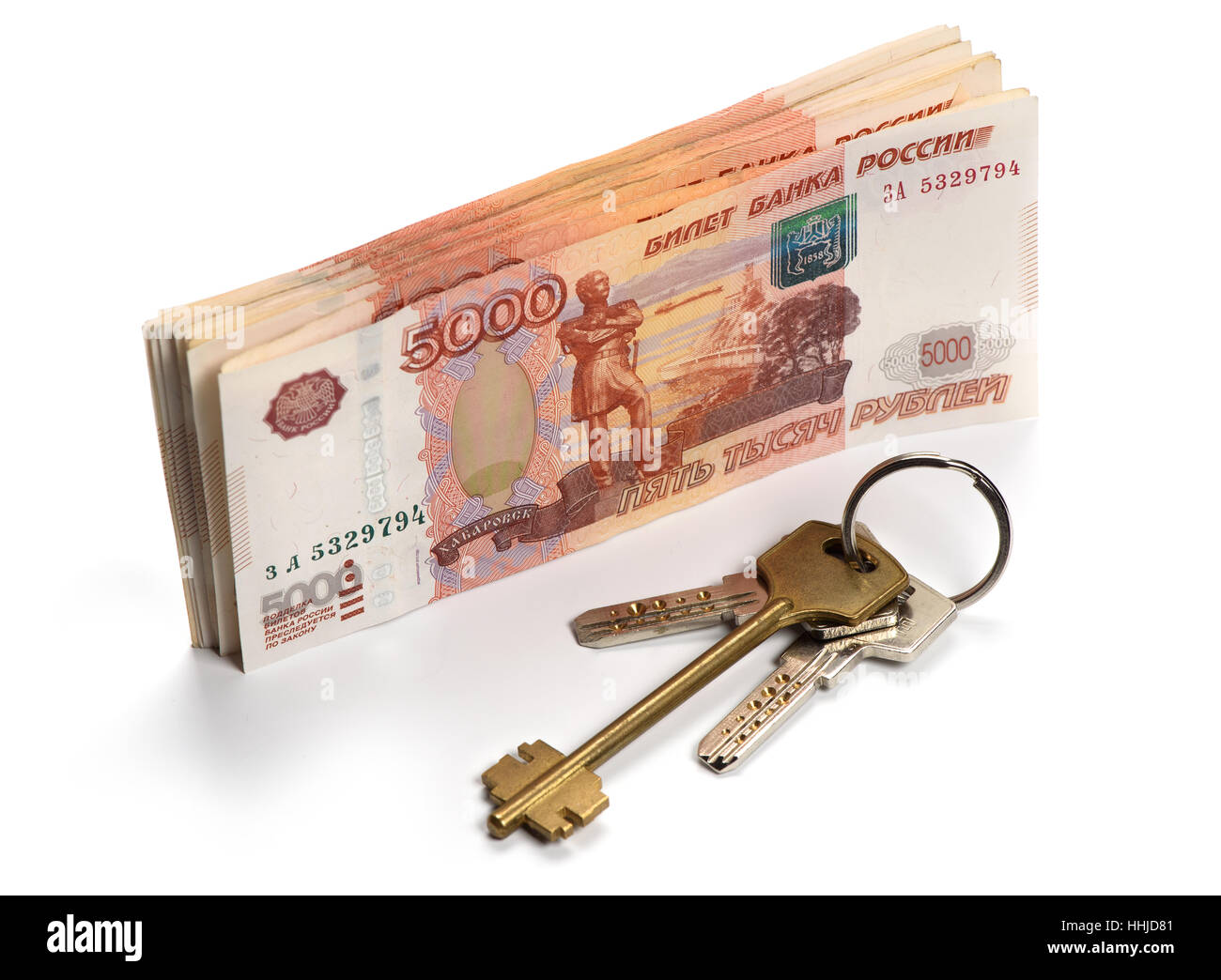 Il russo di denaro. Rouble banconote e chiavi. Immobiliare di concetto Foto Stock