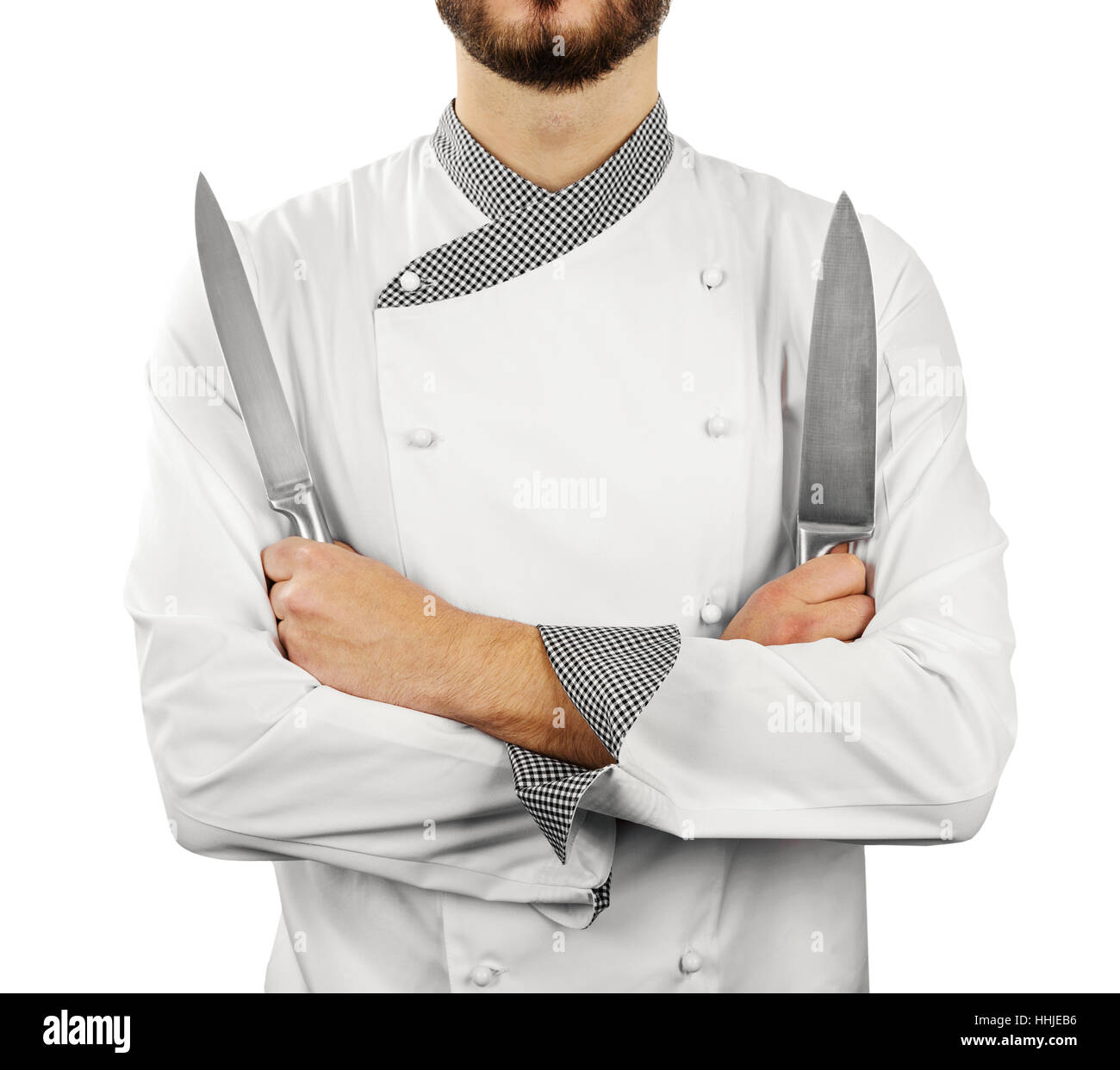 Lo chef con coltelli isolati su bianco Foto Stock