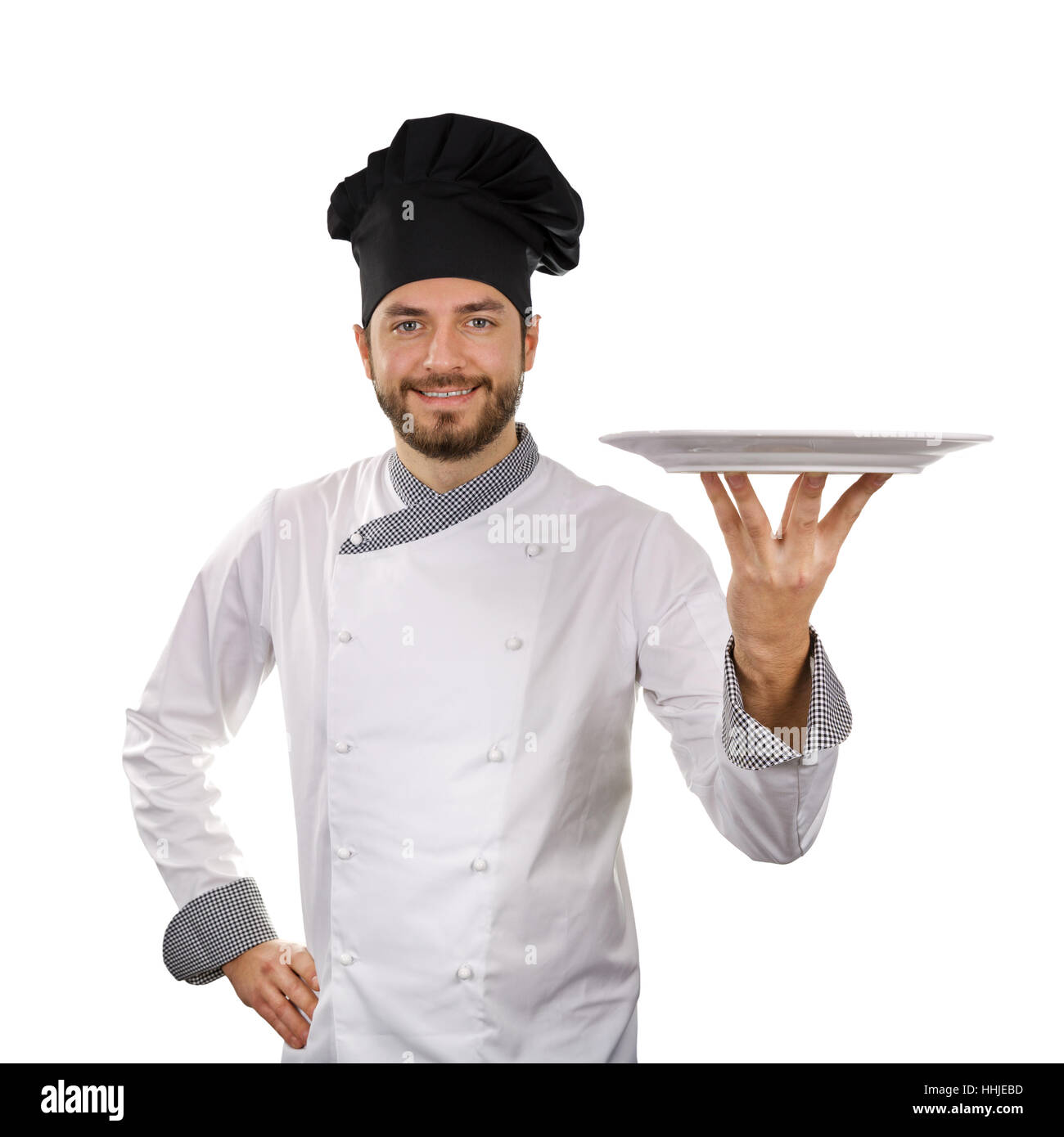 Lo chef tenendo piatto vuoto isolato su sfondo bianco Foto Stock
