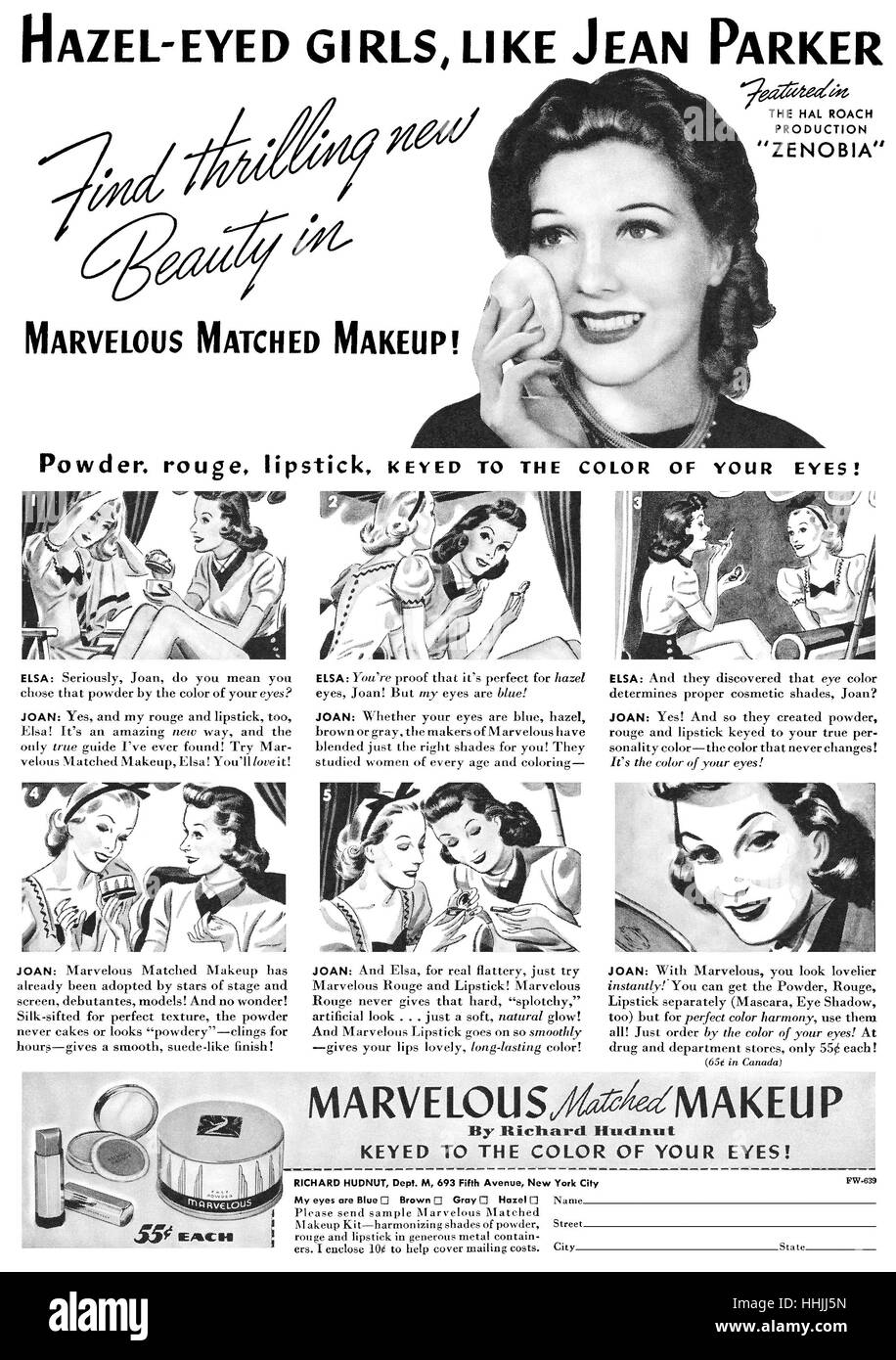 1939 pubblicità negli Stati Uniti per meravigliosi per il make-up da Richard Hudnut, dotate di attrice Jean Parker Foto Stock