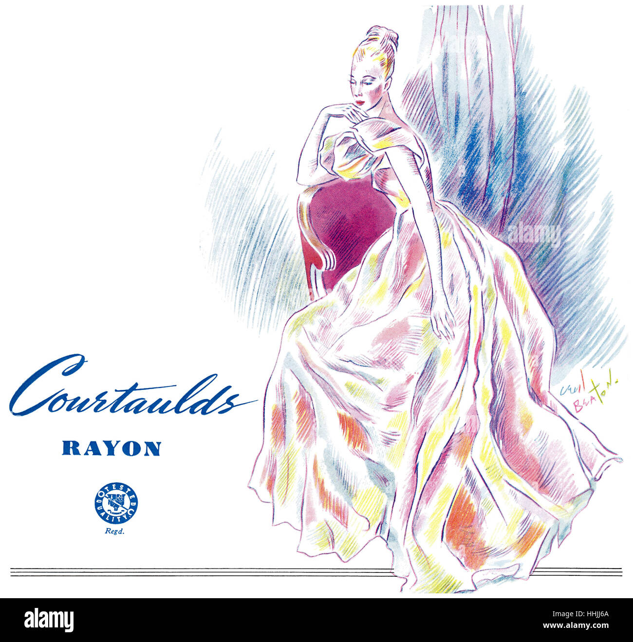 1946 British pubblicità per Courtaulds tessuto in rayon, illustrato da Cecil Beaton Foto Stock