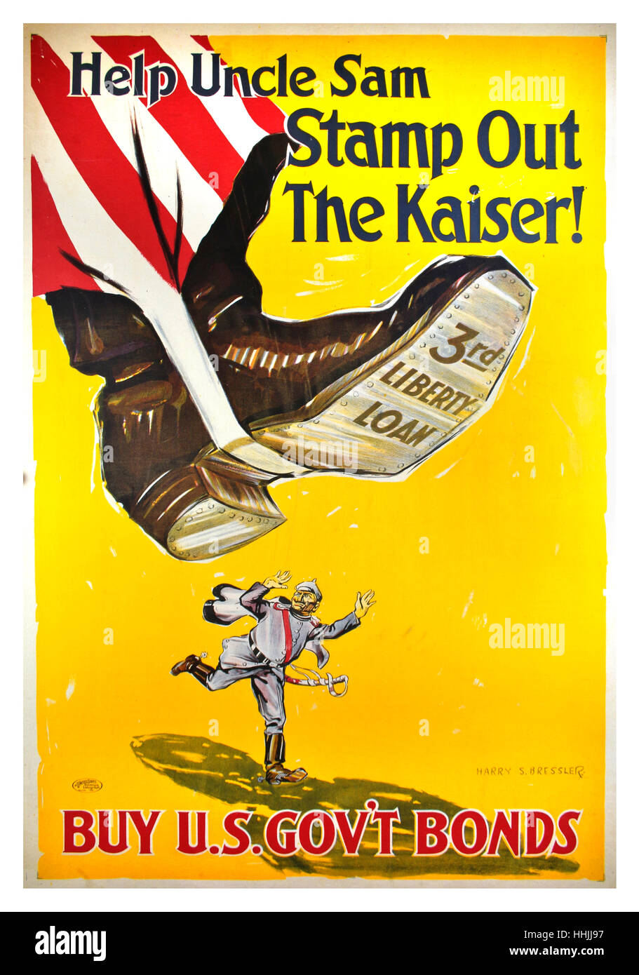 1918 USA originale WW1 propaganda poster concepito da Harry S. Bressler per la terza libertà obbligazionari emessi della Campagna Primavera del 1918. Poster mostra mighty boot dello zio Sam alquanto comically stamping out il re di Prussia Kaiser Wilhelm. Foto Stock