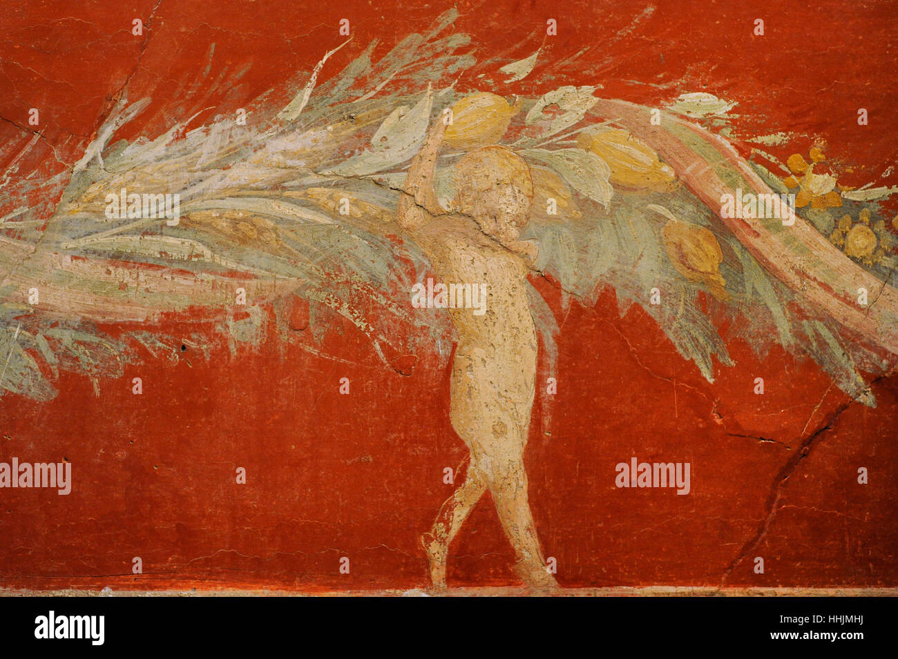 Affresco raffigurante un festone di foglie e frutti portati da amorini. 50-79 annuncio. Dall'area vesuviana. Dettaglio. Museo Archeologico Nazionale. Napoli. L'Italia. Foto Stock