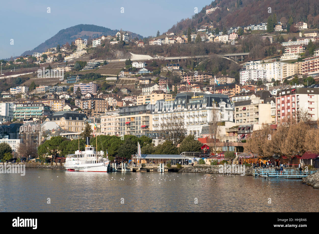 Il lago di Ginevra in traghetto a Montreux in Svizzera Foto Stock