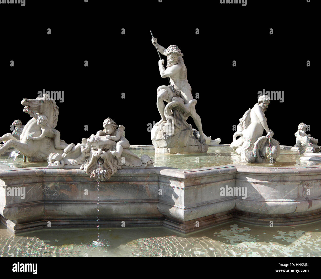 Fontana del Nettuno in Roma (Italia) isolato su nero Foto Stock