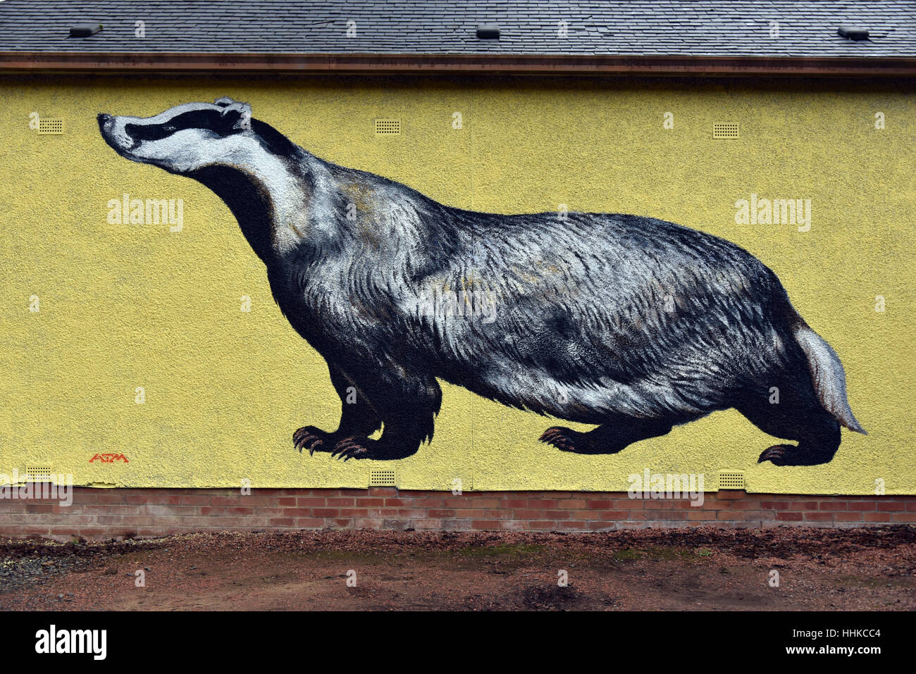 Badger da artista di strada ATM. Il Bonnington Power Station, South Lanarkshire, Scotland, Regno Unito, Europa. Foto Stock