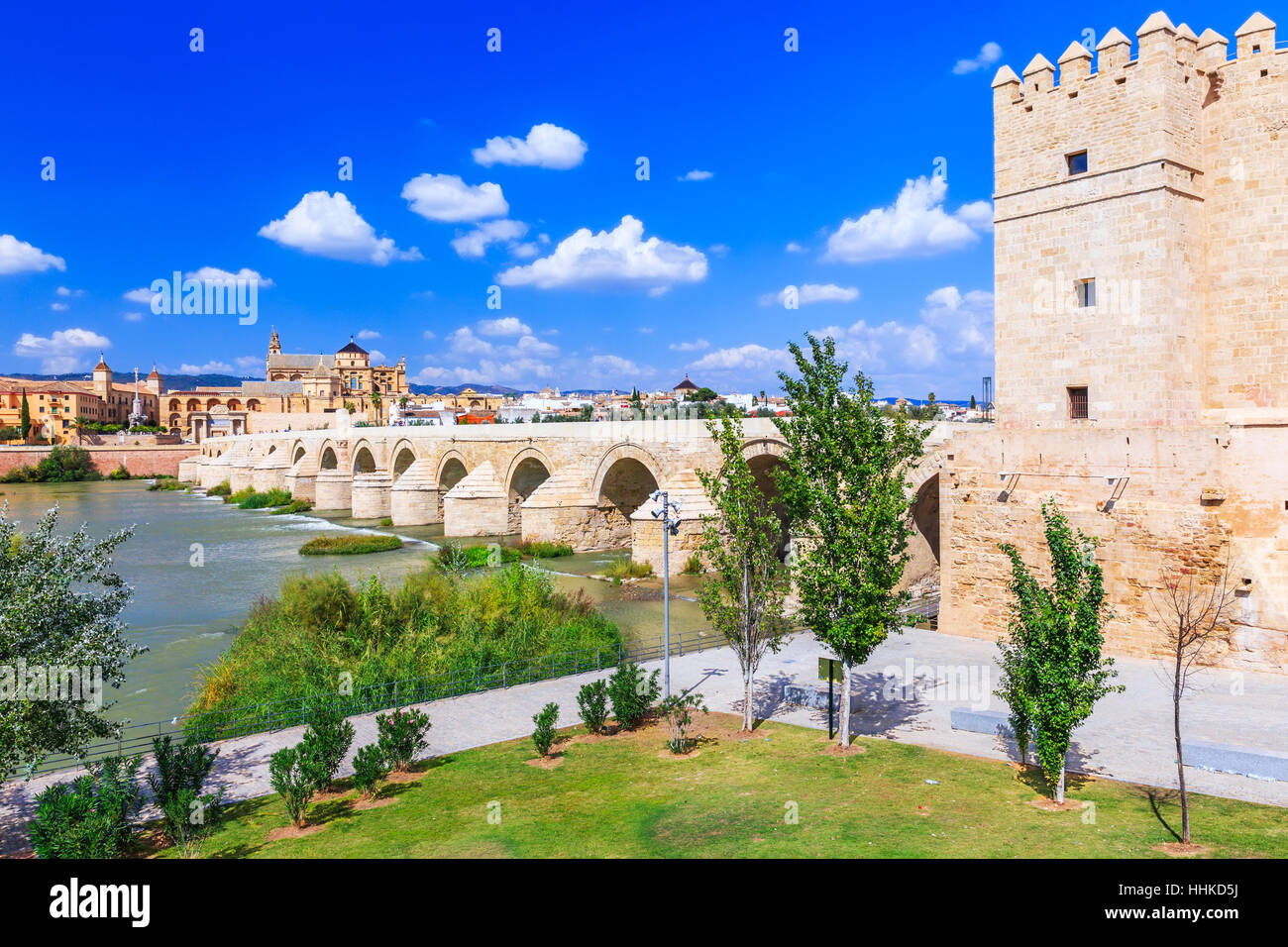 Cordoba, Spagna. Ponte romano e la Mezquita (Moschea grande) Cattedrale sul fiume Guadalquivir. Foto Stock