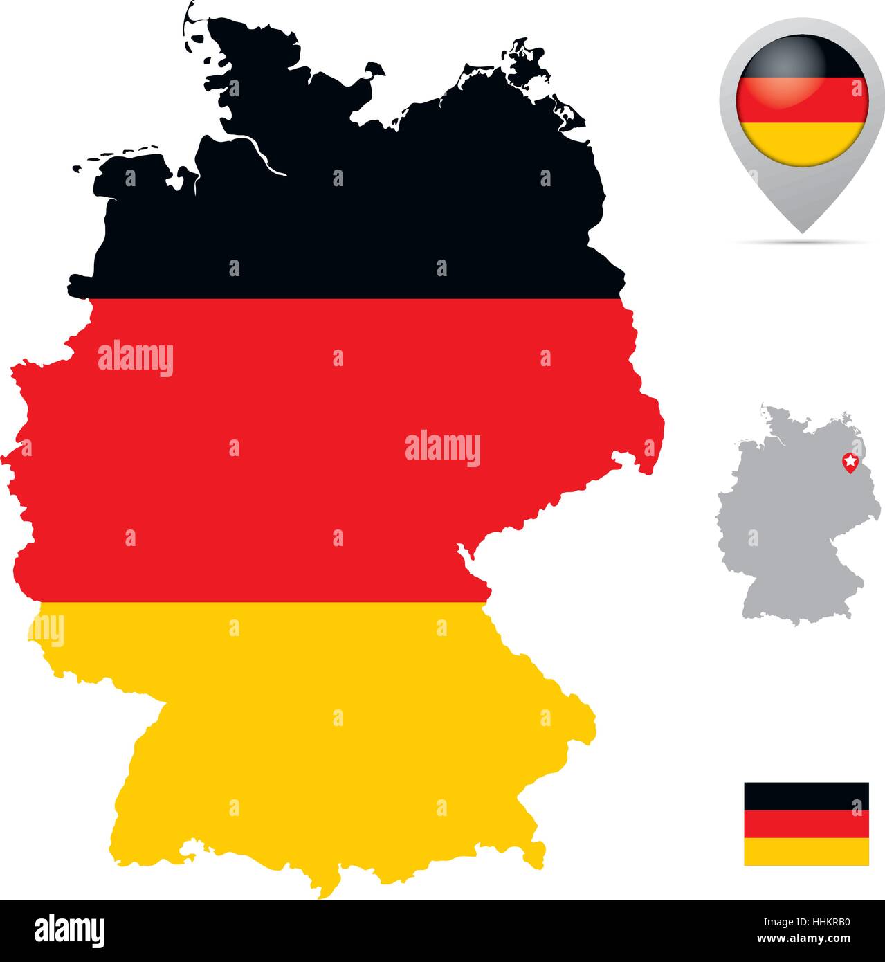 Germania mappa in bandiera nazionale colori, bandiera, marker e la posizione della sua capitale Berlino. Illustrazione Vettoriale
