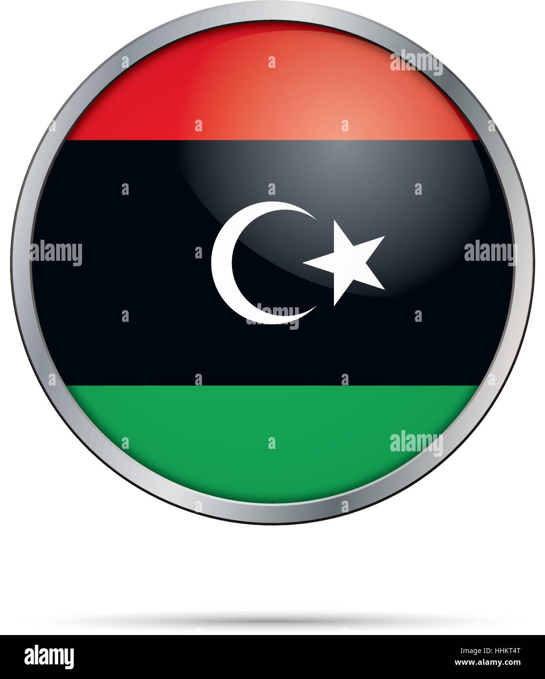 Vettore di bandiera libica pulsante. Libia bandiera in vetro in stile di pulsante con telaio di metallo Illustrazione Vettoriale