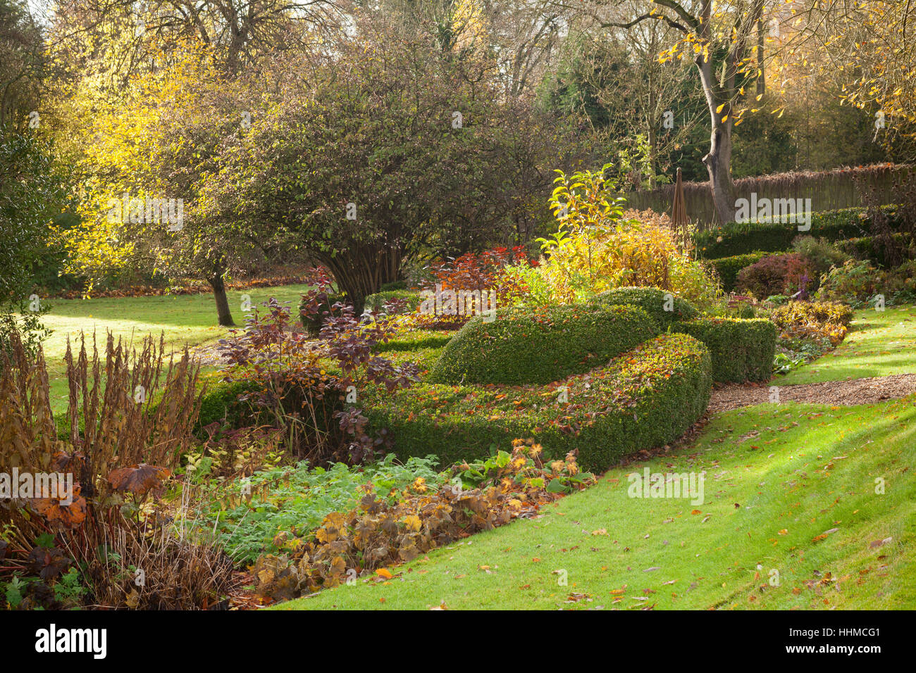 Fawley House Garden. Novembre 2016. Tiered 2.5 acri di giardino con prati, alberi maturi, formale di copertura, stream e sentieri di ghiaia. Foto Stock