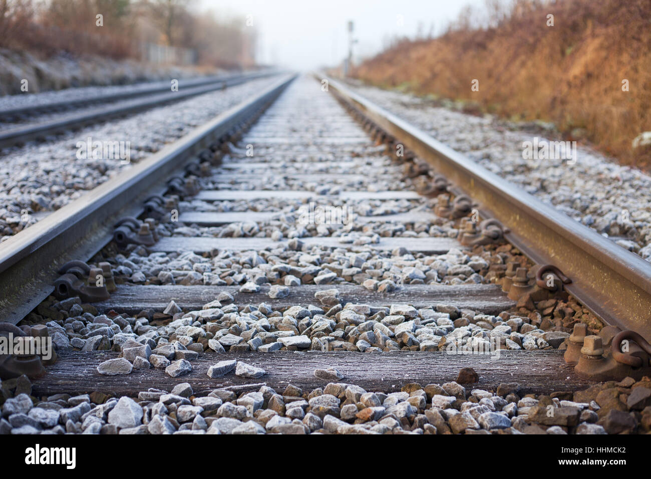 Il pupazzo di neve di binari ferroviari scomparendo in lontananza. Foto Stock