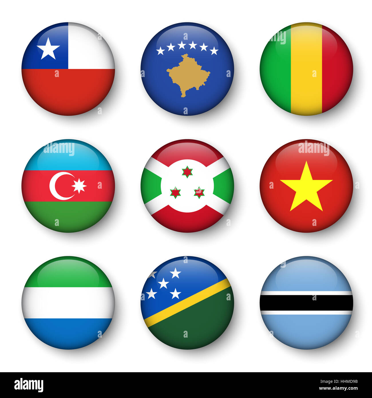 Set di bandiere del mondo badge rotondo ( Cile . Il Kosovo . Mali . Azerbaigian . Burundi . Il Vietnam . Sierra Leone . Isole Salomone . Il Botswana ) Foto Stock