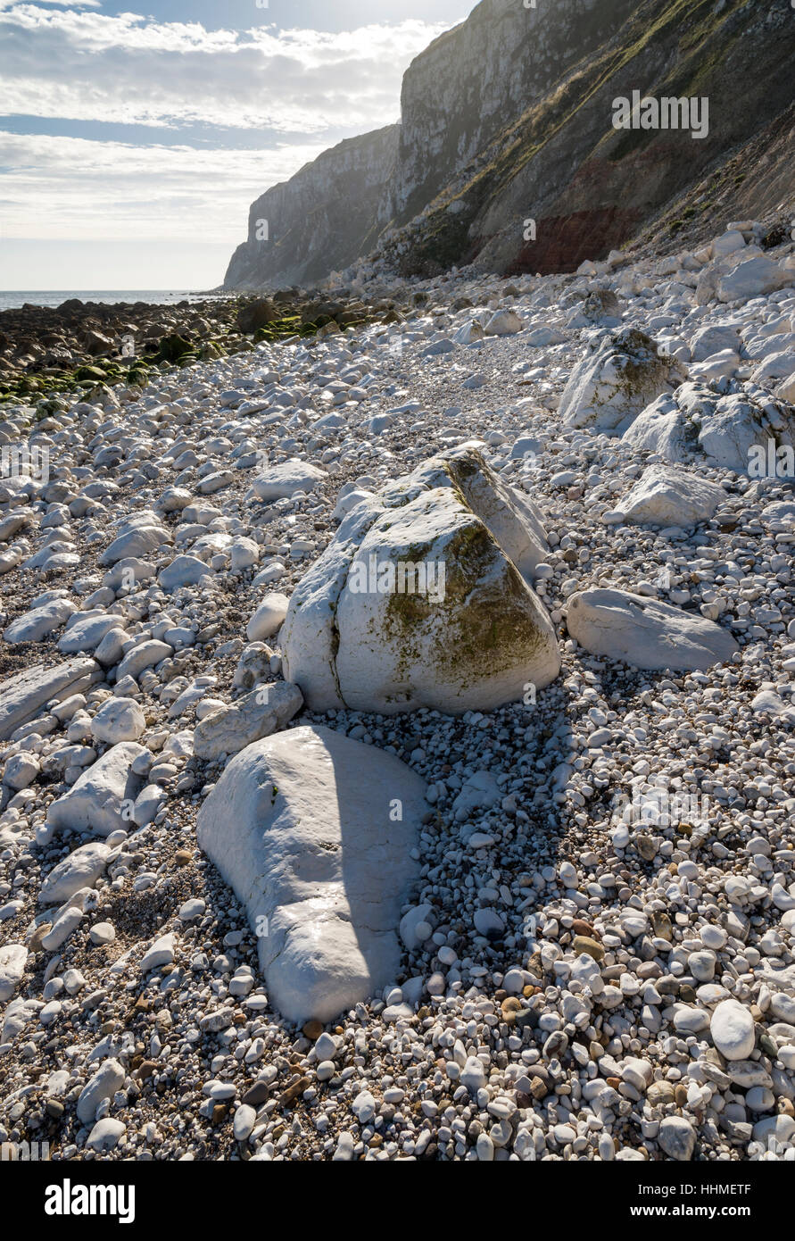 Chalk rocce sotto le scogliere Buckton, Filey Bay, North Yorkshire, Inghilterra. Foto Stock