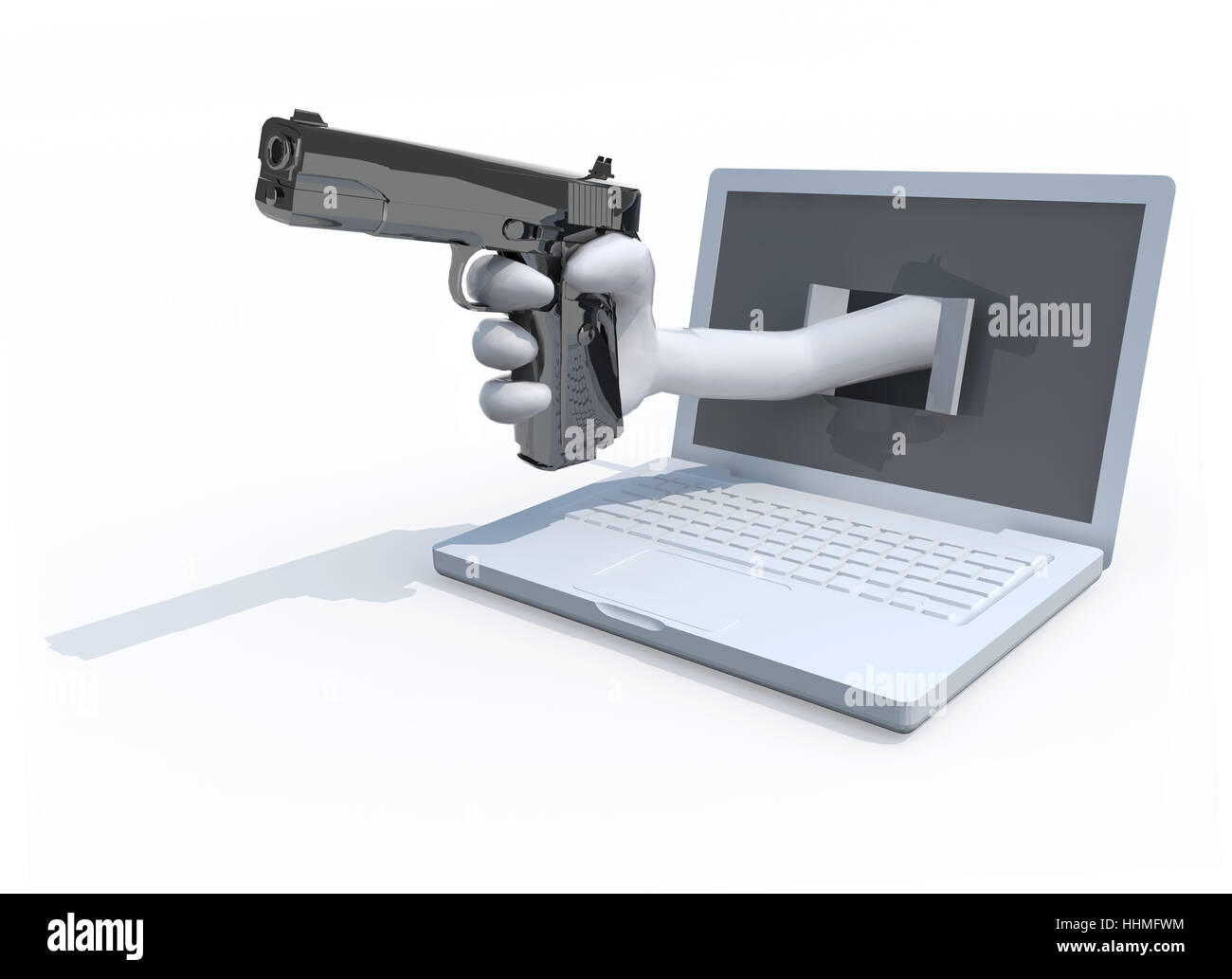 Cartoon mano con una pistola di mettere fuori da un notebook, 3d illustrazione Foto Stock