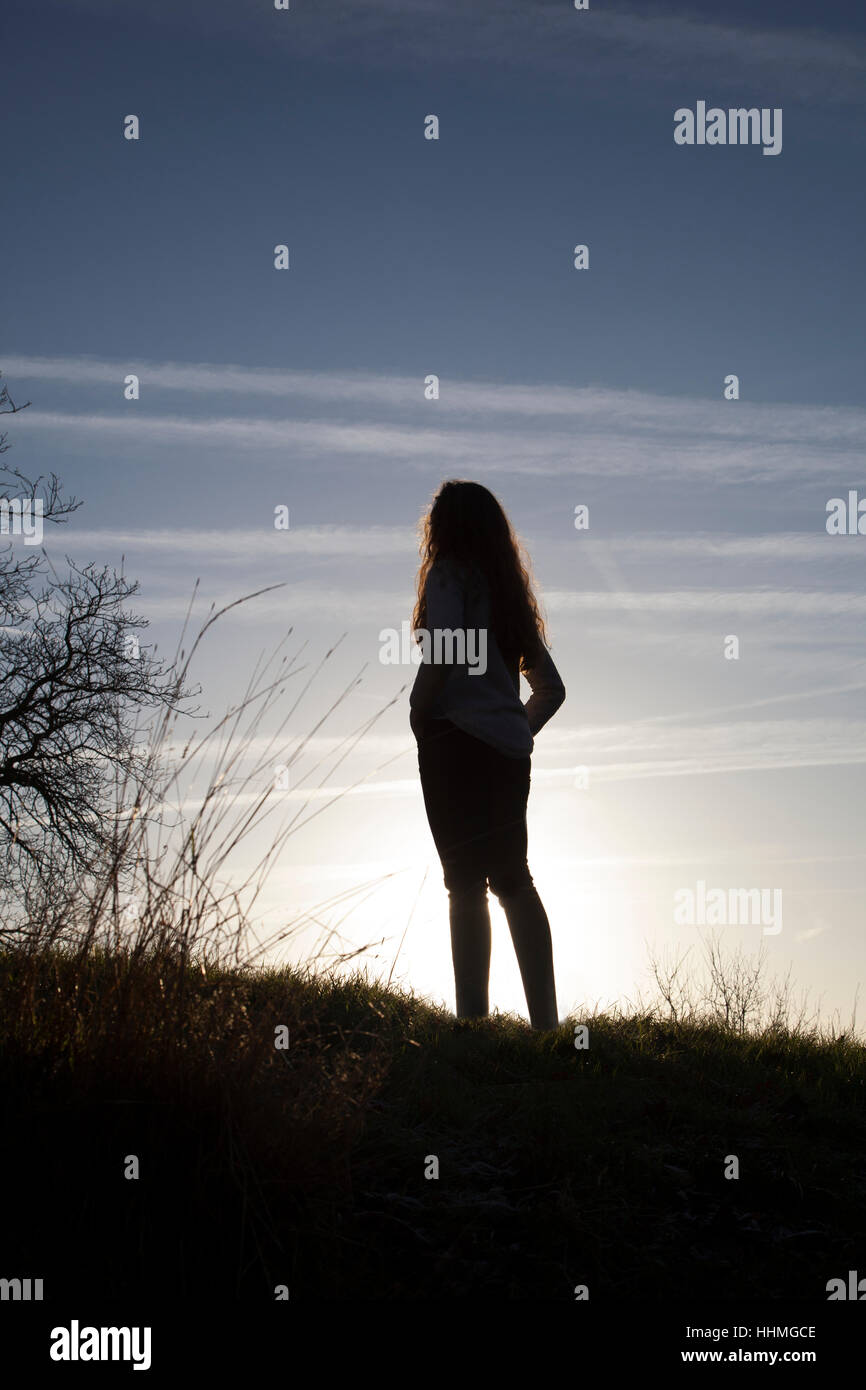 Irriconoscibile donna guardando il Cielo di tramonto. Vista posteriore, silhouette. Foto Stock
