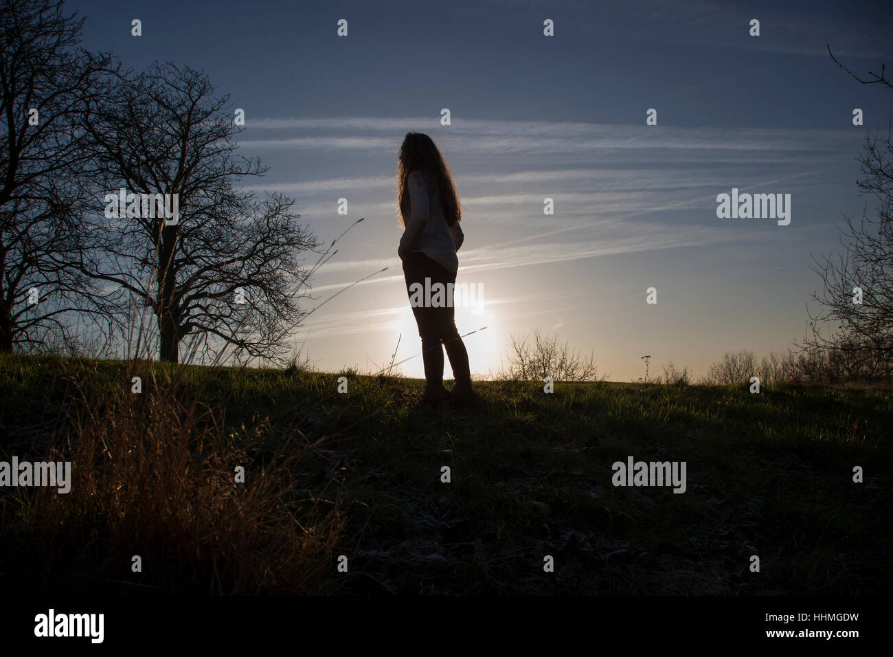 Irriconoscibile donna guardando il Cielo di tramonto. Silhouette, vista posteriore orizzontale di shot. Foto Stock